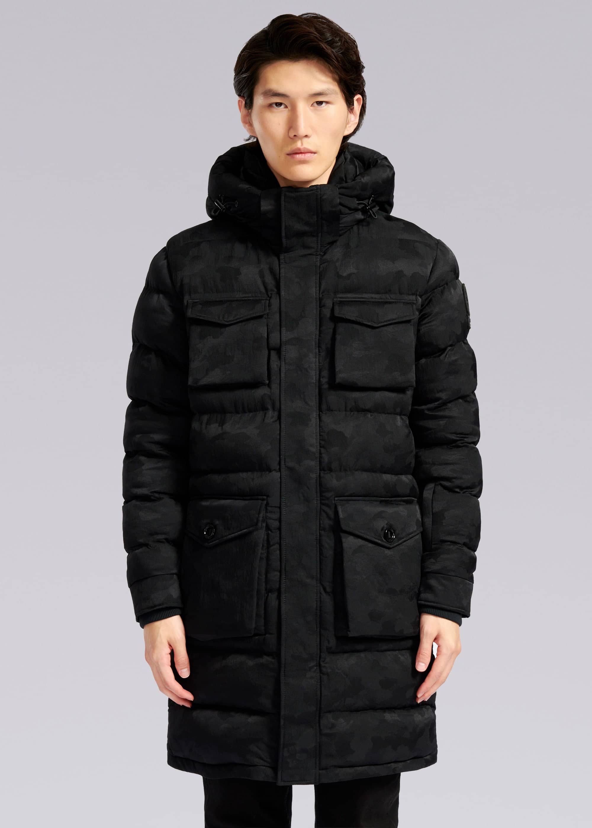 Sandbanks Carbon Collection C6 ECONYL® Branksome Long Puffer Jacket - Black Camo - Sandbanks
