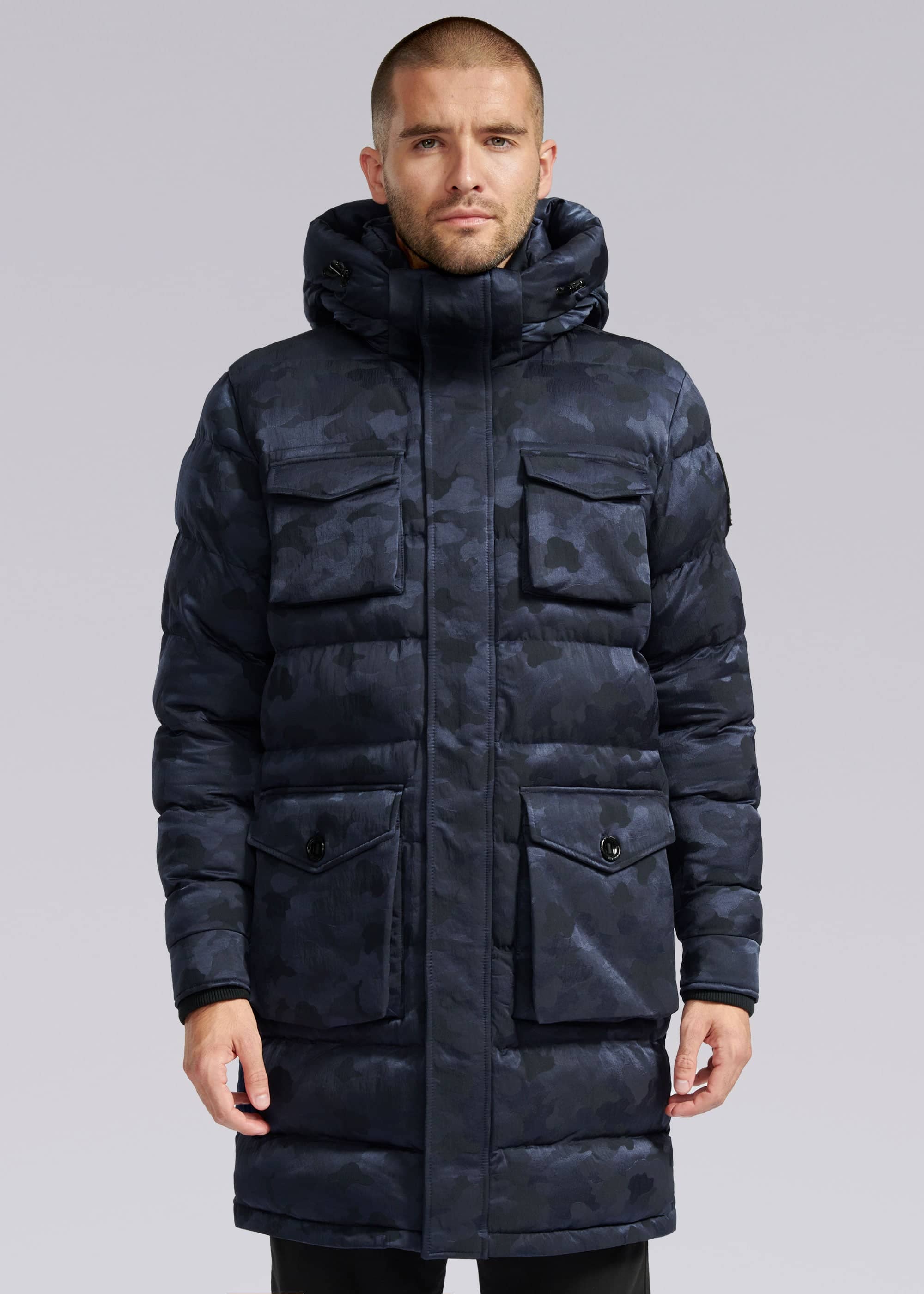 Sandbanks Carbon Collection ECONYL® Branksome Long Puffer Jacket - Navy Camo - Sandbanks