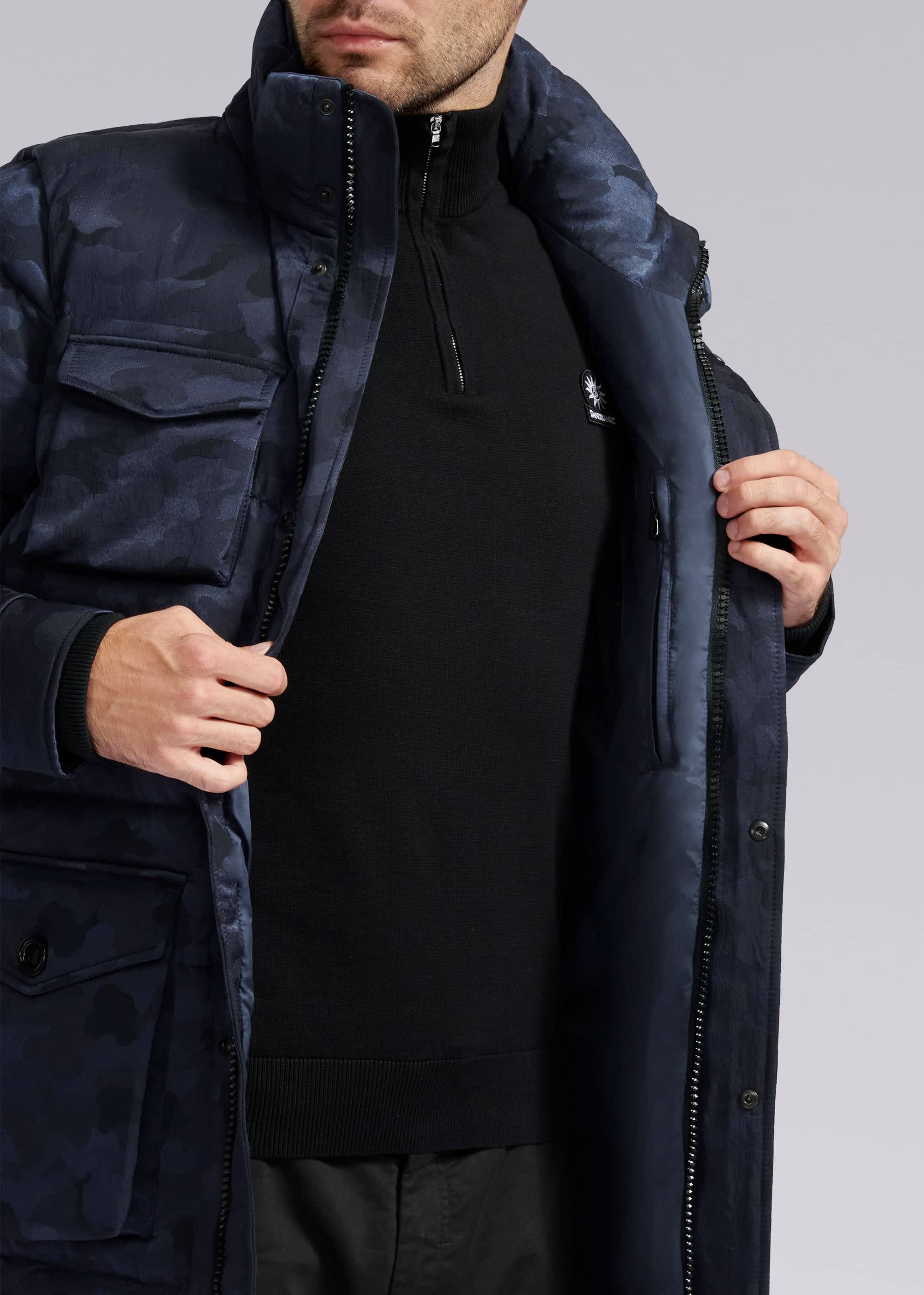 Sandbanks Carbon Collection ECONYL® Branksome Long Puffer Jacket - Navy Camo - Sandbanks