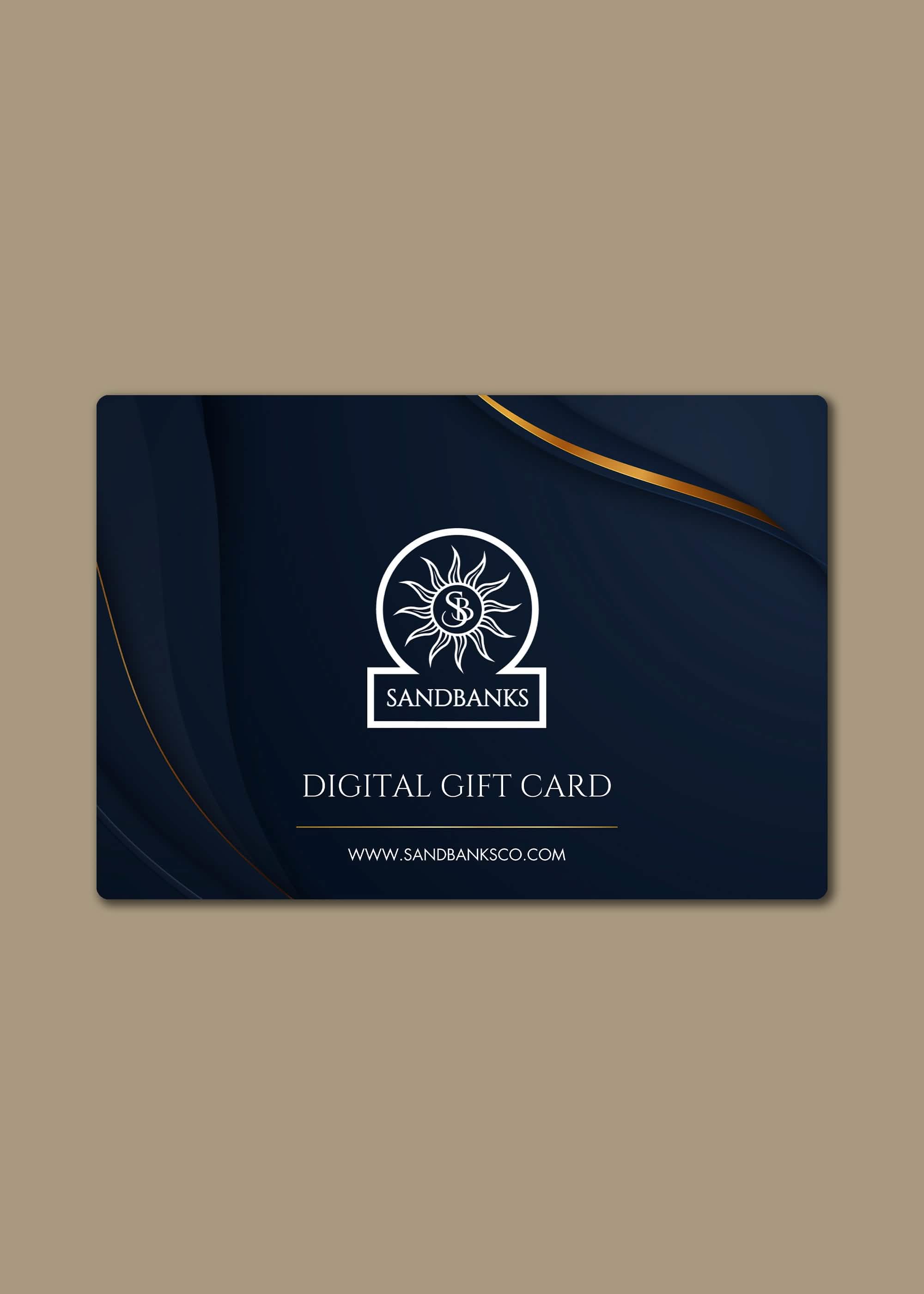 Sandbanks digital gift card with logo on a dark blue background