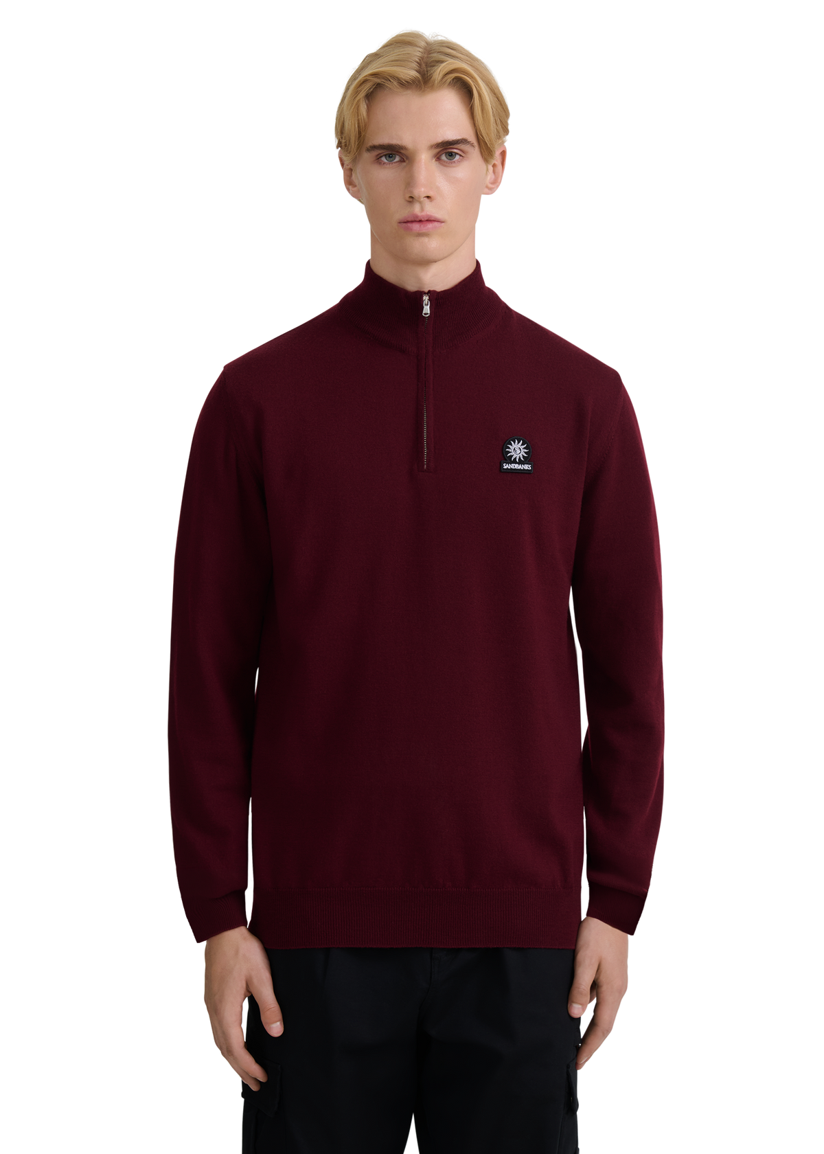Sandbanks Merino Wool Quarter Zip Knitted Jumper - Port