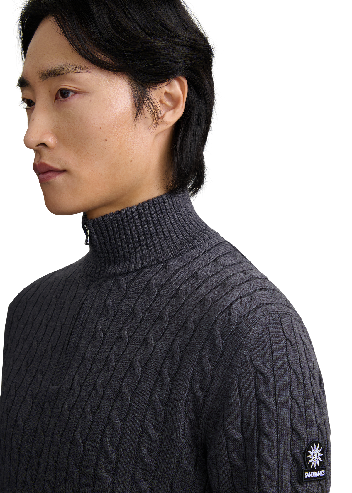 Merino Wool Cable Knit Quarter Zip - Anthracite