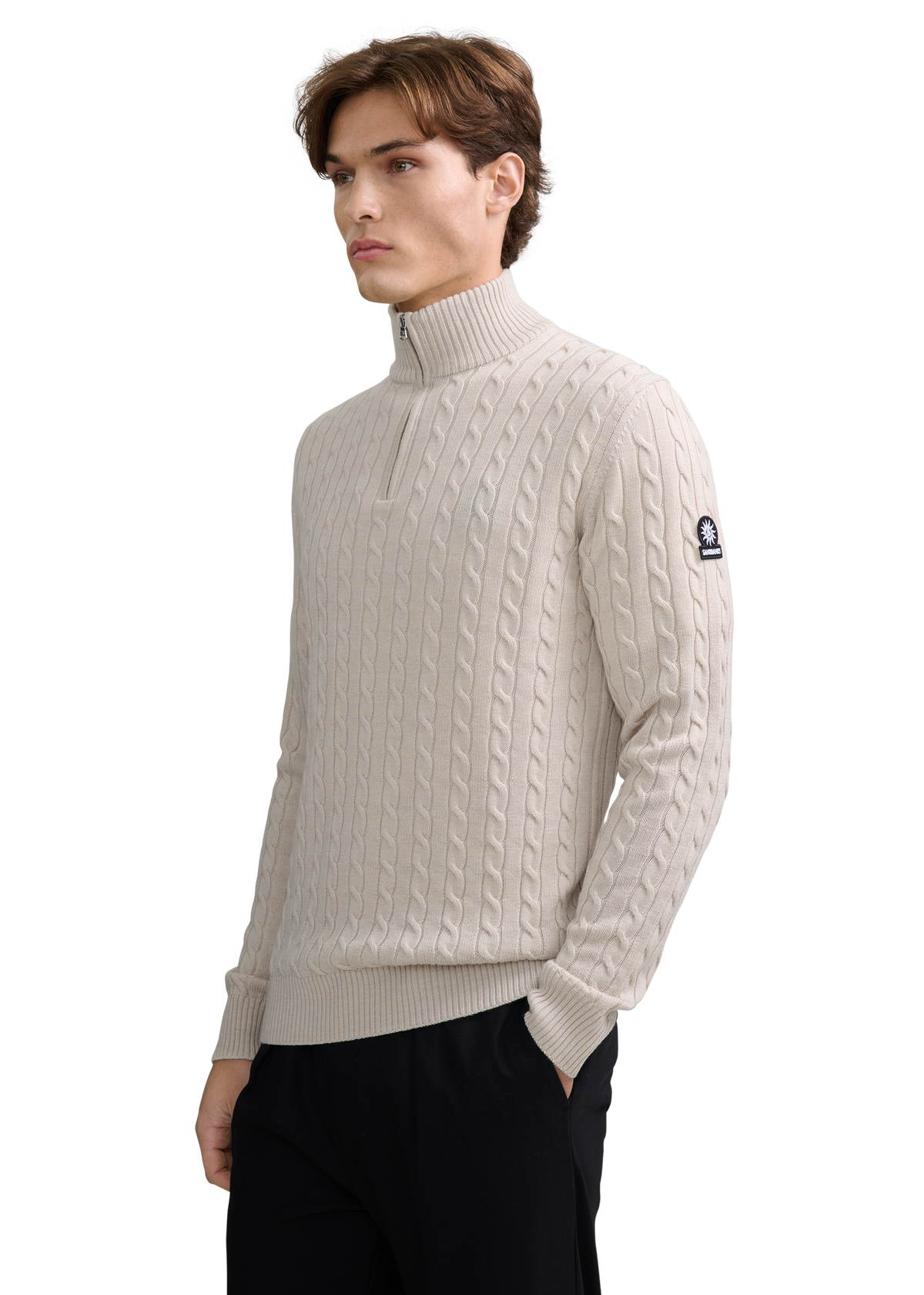 Merino Wool Cable Knit Quarter Zip - Stone