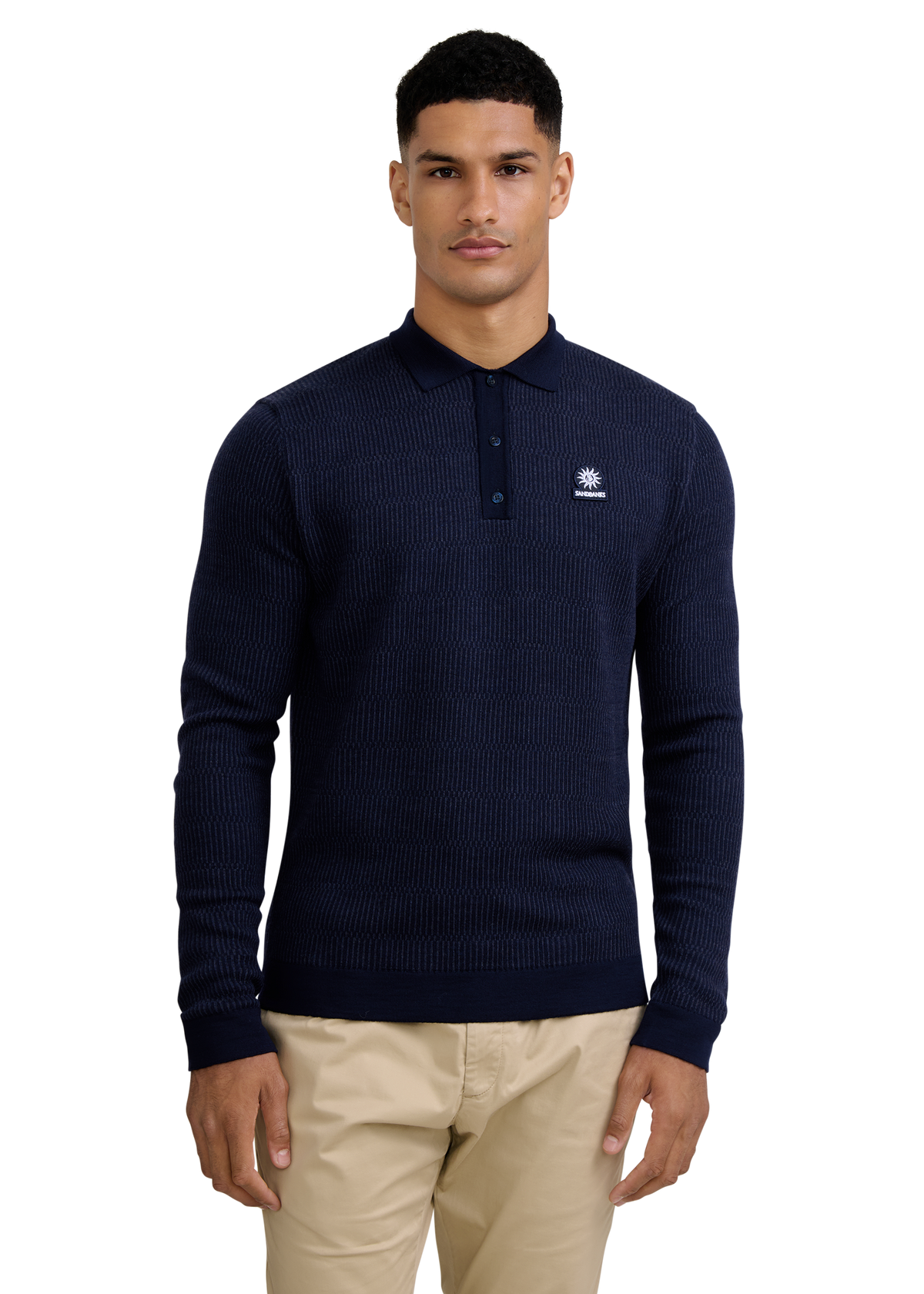 Textured Intarsia Long Sleeve Polo Shirt - Navy