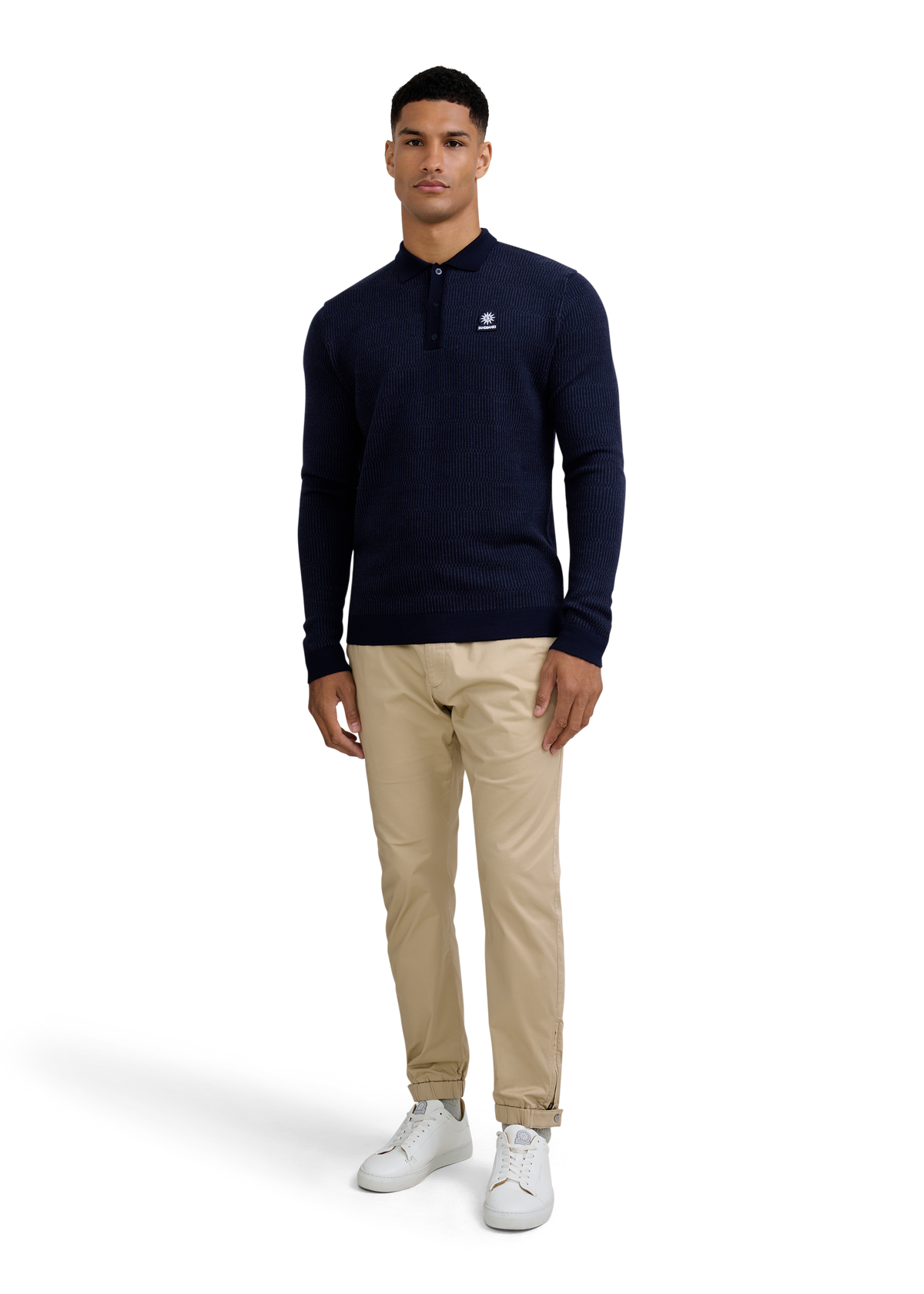 Textured Intarsia Long Sleeve Polo Shirt - Navy
