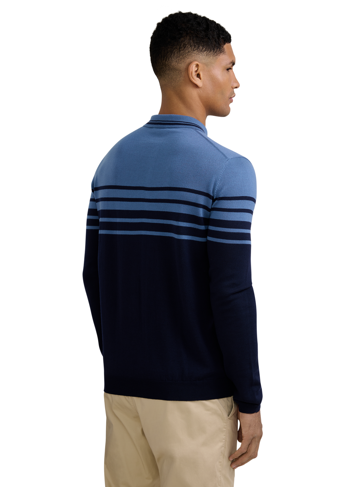 Merino Wool Contrast Stripe Polo Shirt - Navy