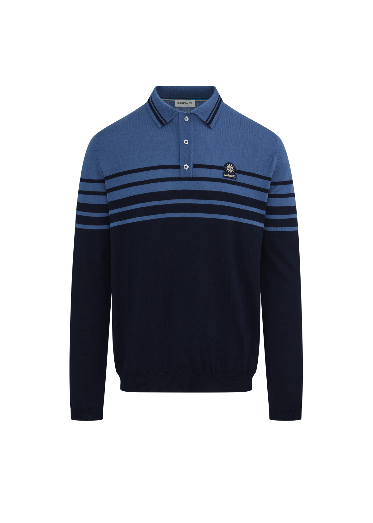 Merino Wool Contrast Stripe Polo Shirt - Navy