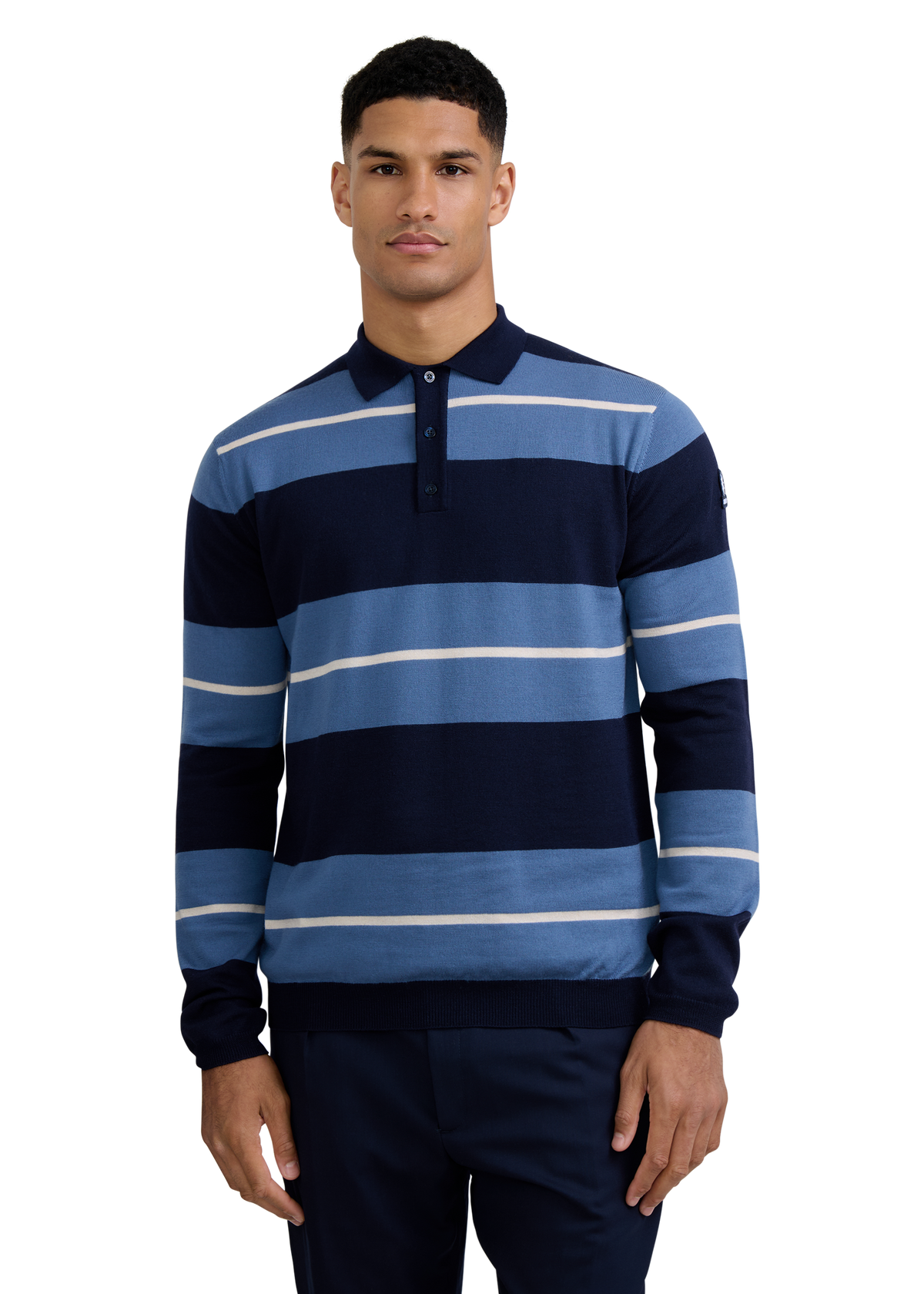 Striped Merino Wool Polo Jumper - Teal/Navy