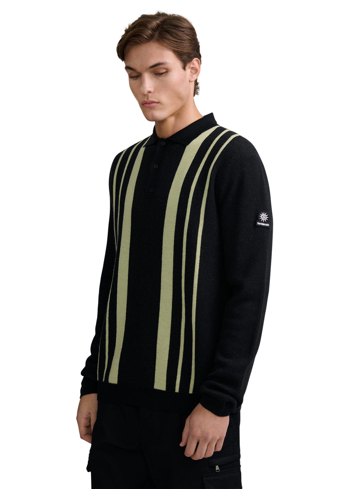Vertical Engineered Stripe Polo Jumper - Black