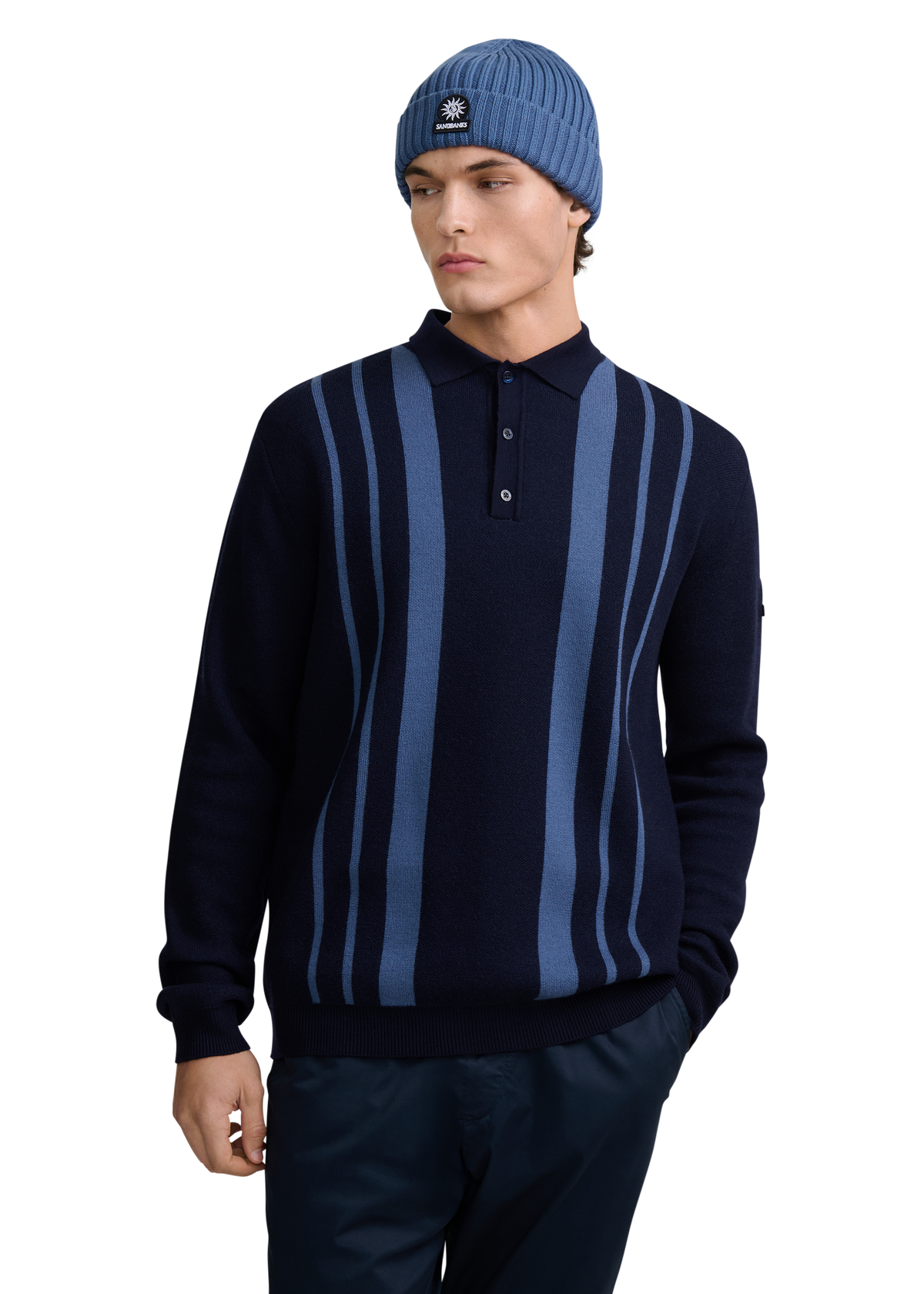 Vertical Engineered Stripe Polo Jumper - Navy