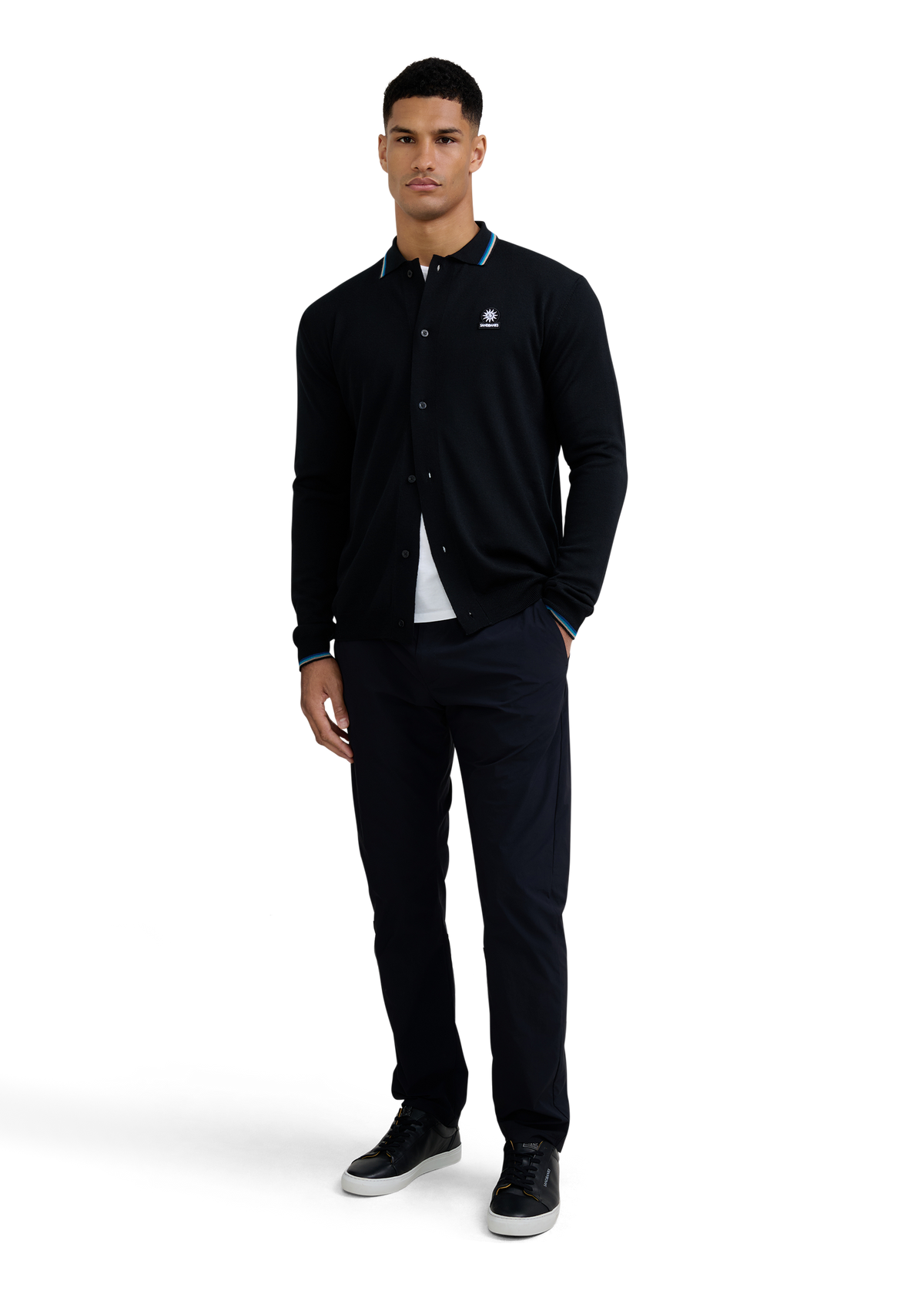 Merino Wool Tri-Colour Tipped Cardigan - Black