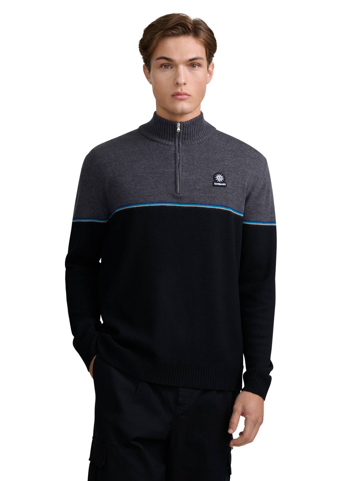 Colour Block Tri-Colour Quarter-Zip - Black