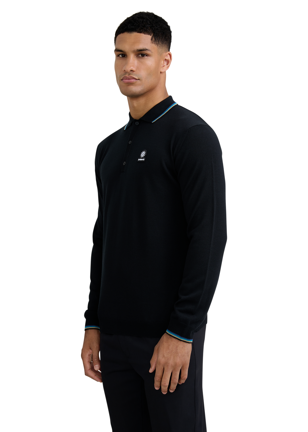 Fine Gauge Tipped Merino Wool Polo - Black