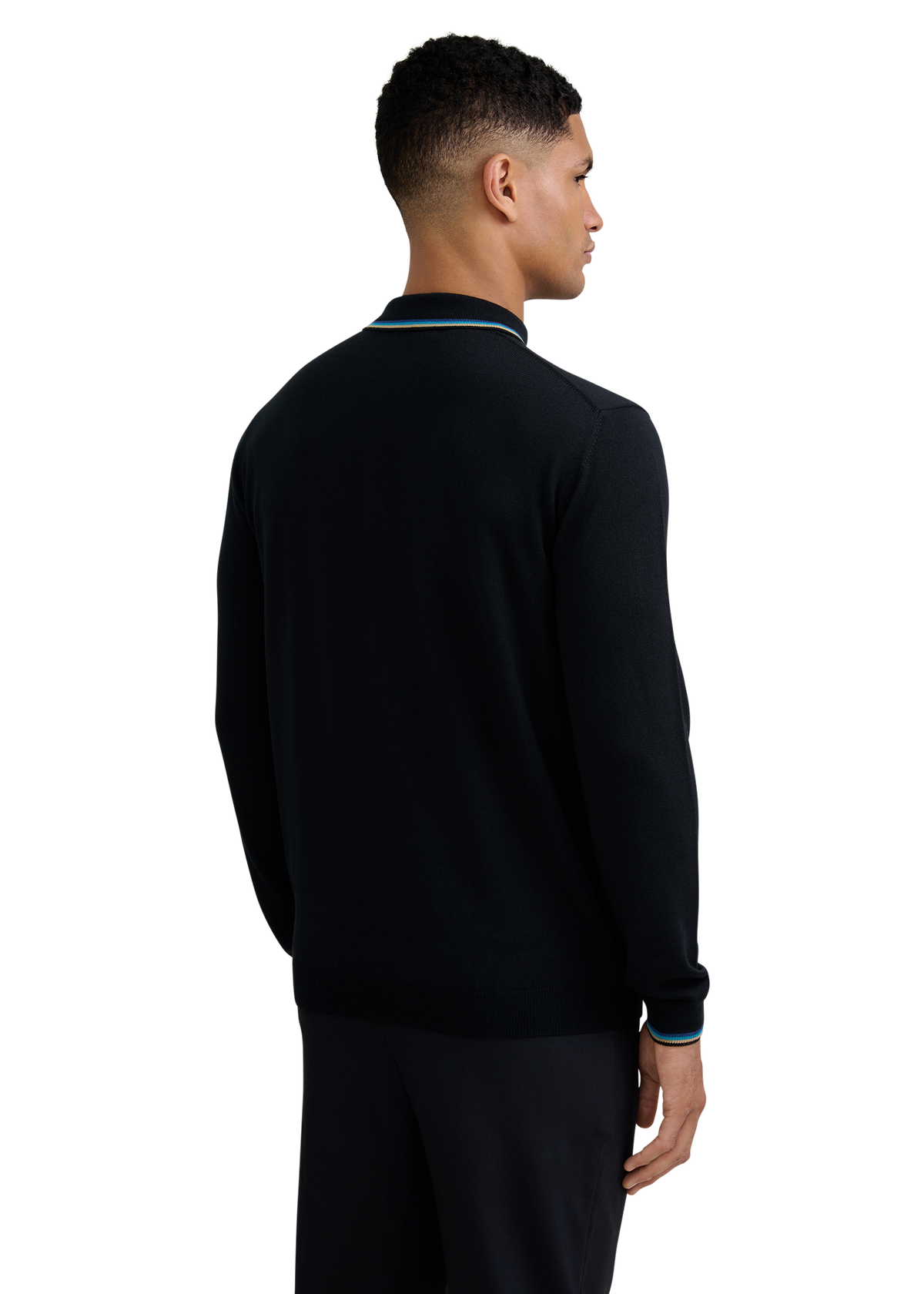 Fine Gauge Tipped Merino Wool Polo - Black