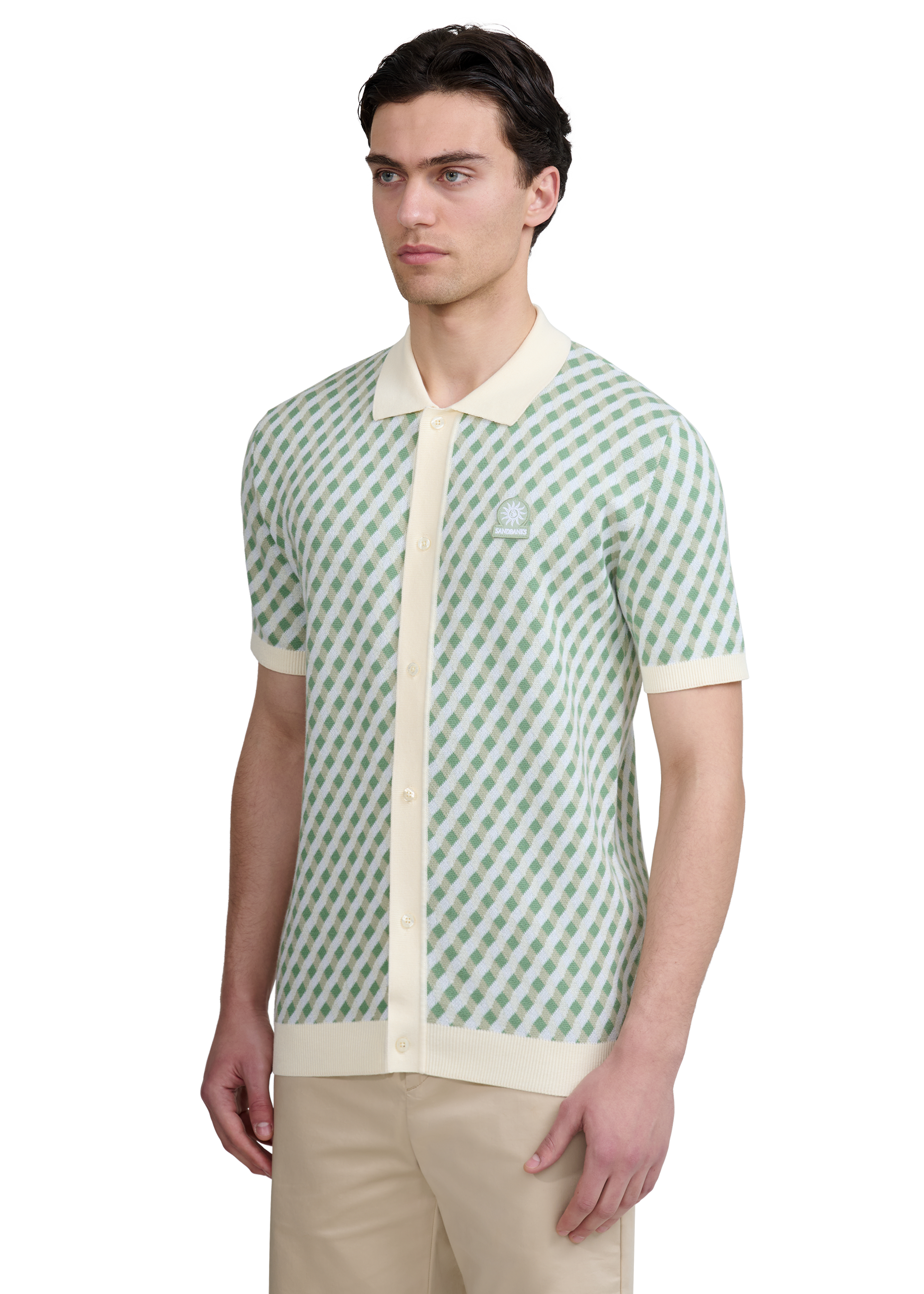 Sandbanks Geometric Knitted Full Button Polo Shirt - Sage