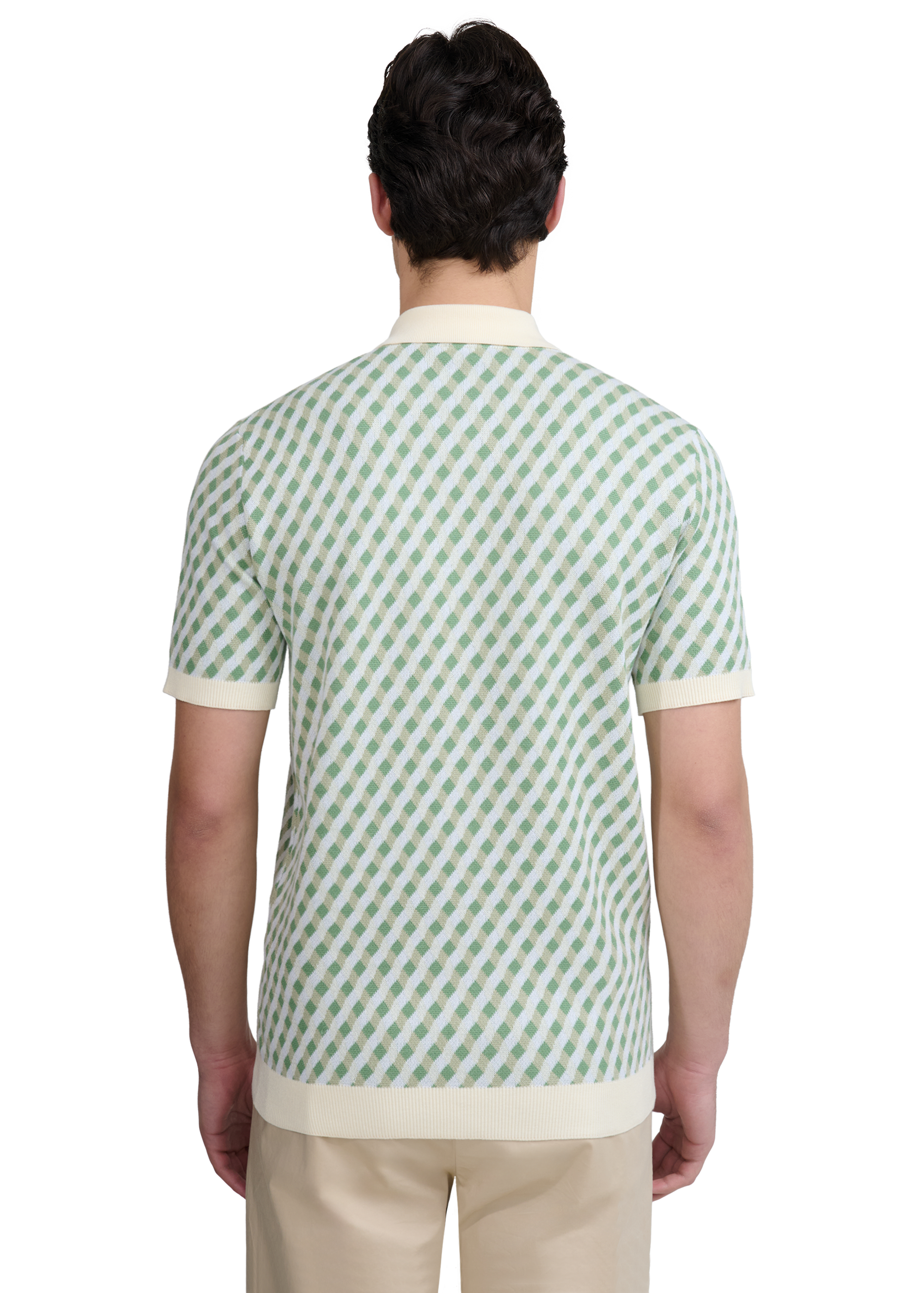 Sandbanks Geometric Knitted Full Button Polo Shirt - Sage
