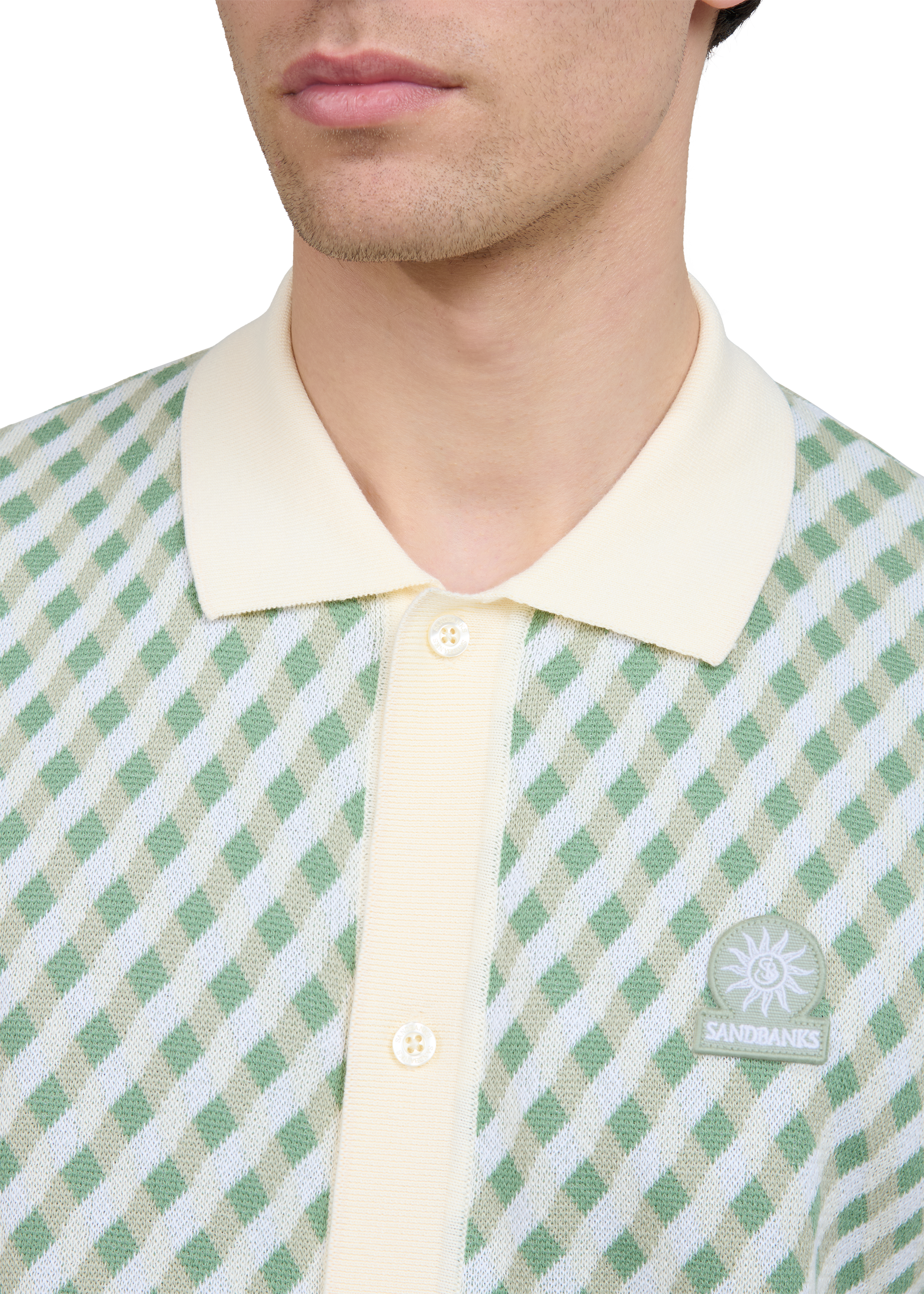 Sandbanks Geometric Knitted Full Button Polo Shirt - Sage