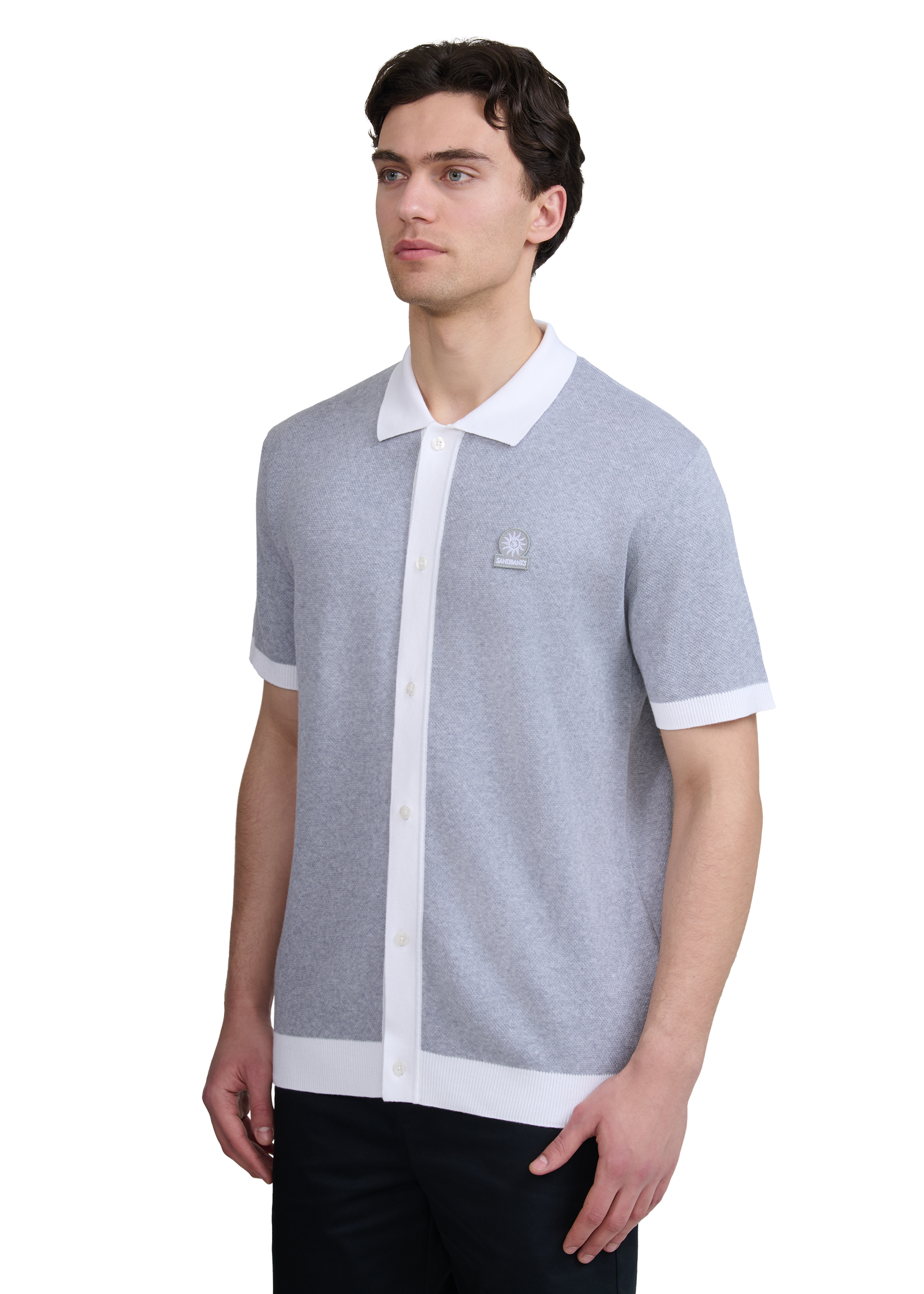 Sandbanks Knitted Full Button Polo Shirt - Grey Marl