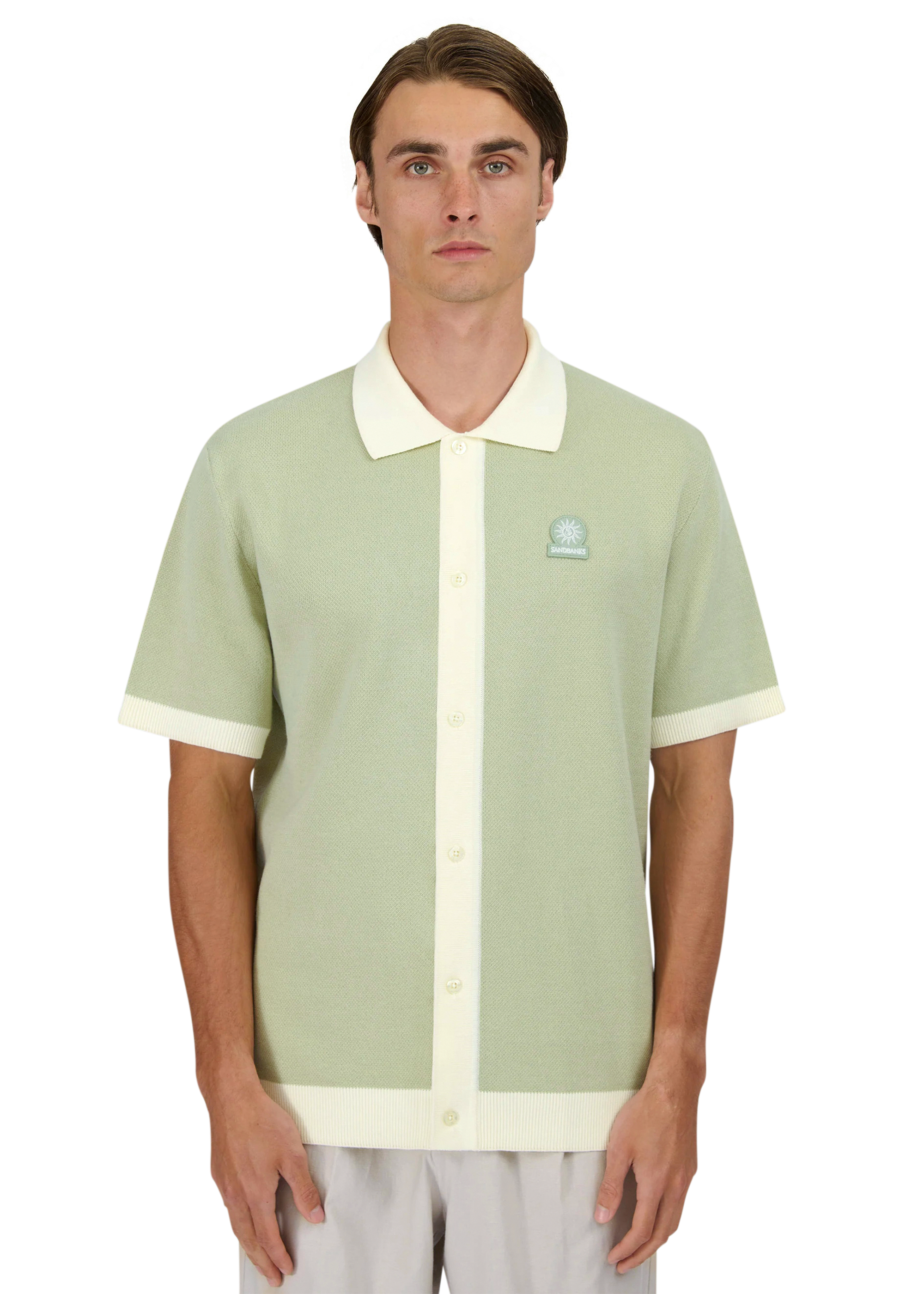 Sandbanks Knitted Full Button Polo Shirt - Sage