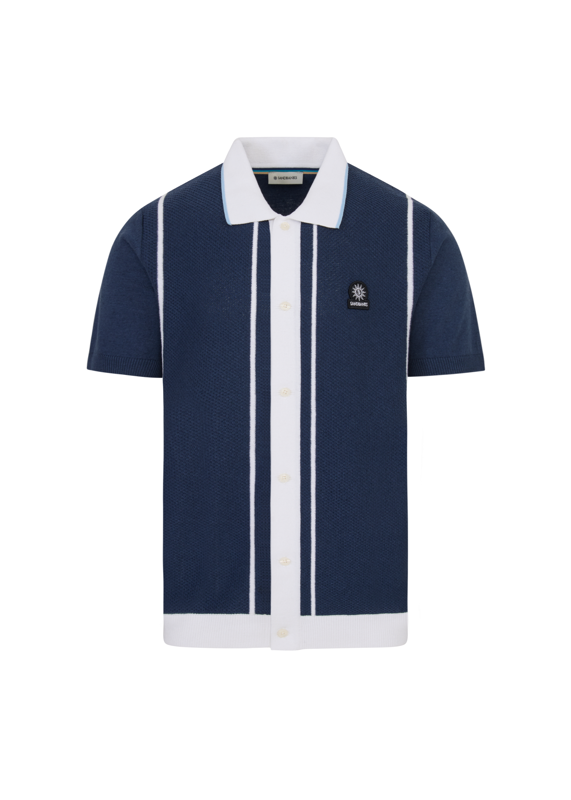 Button-Up Knitted Polo Shirt - Navy/White