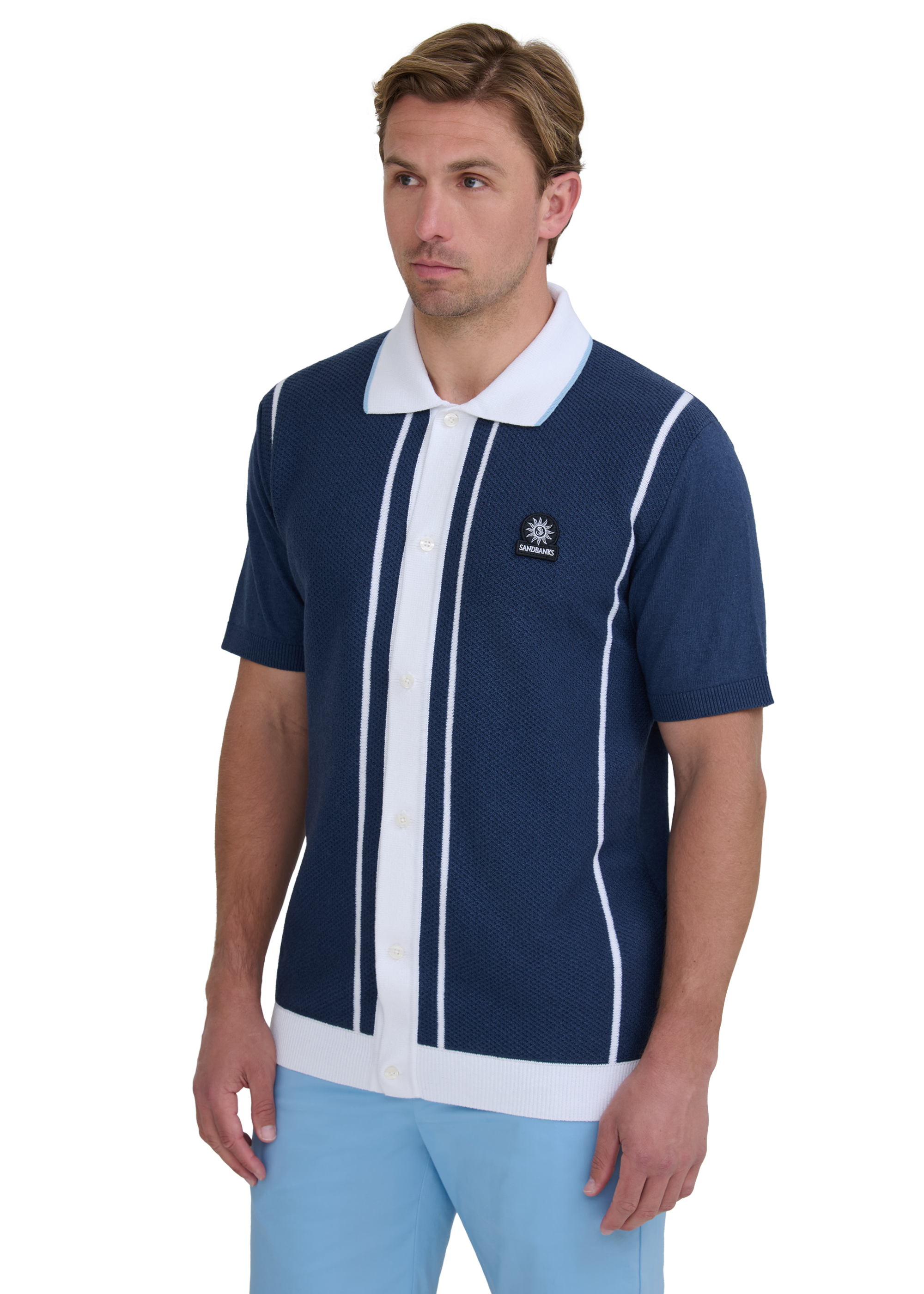 Button-Up Knitted Polo Shirt - Navy/White