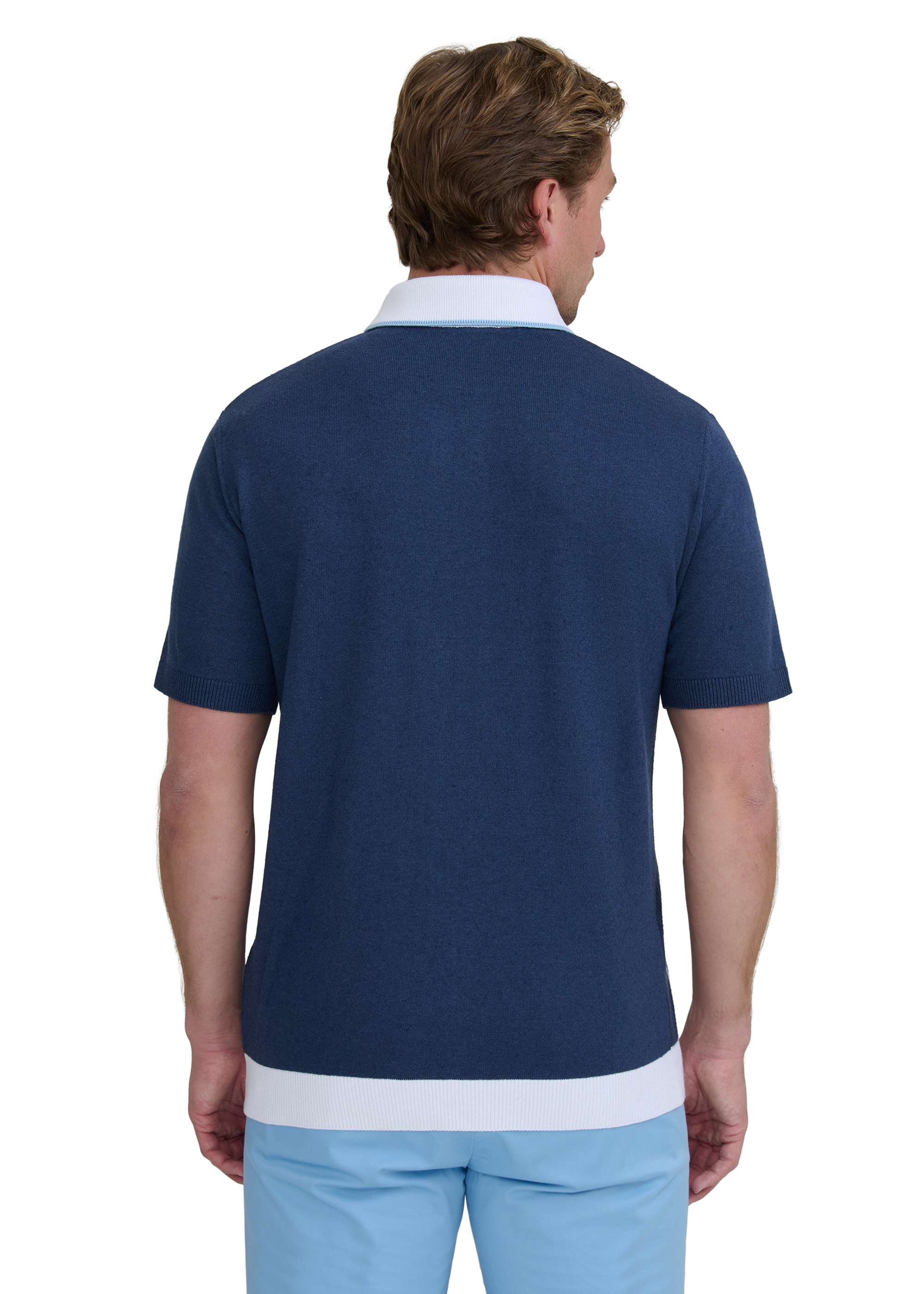 Button-Up Knitted Polo Shirt - Navy/White