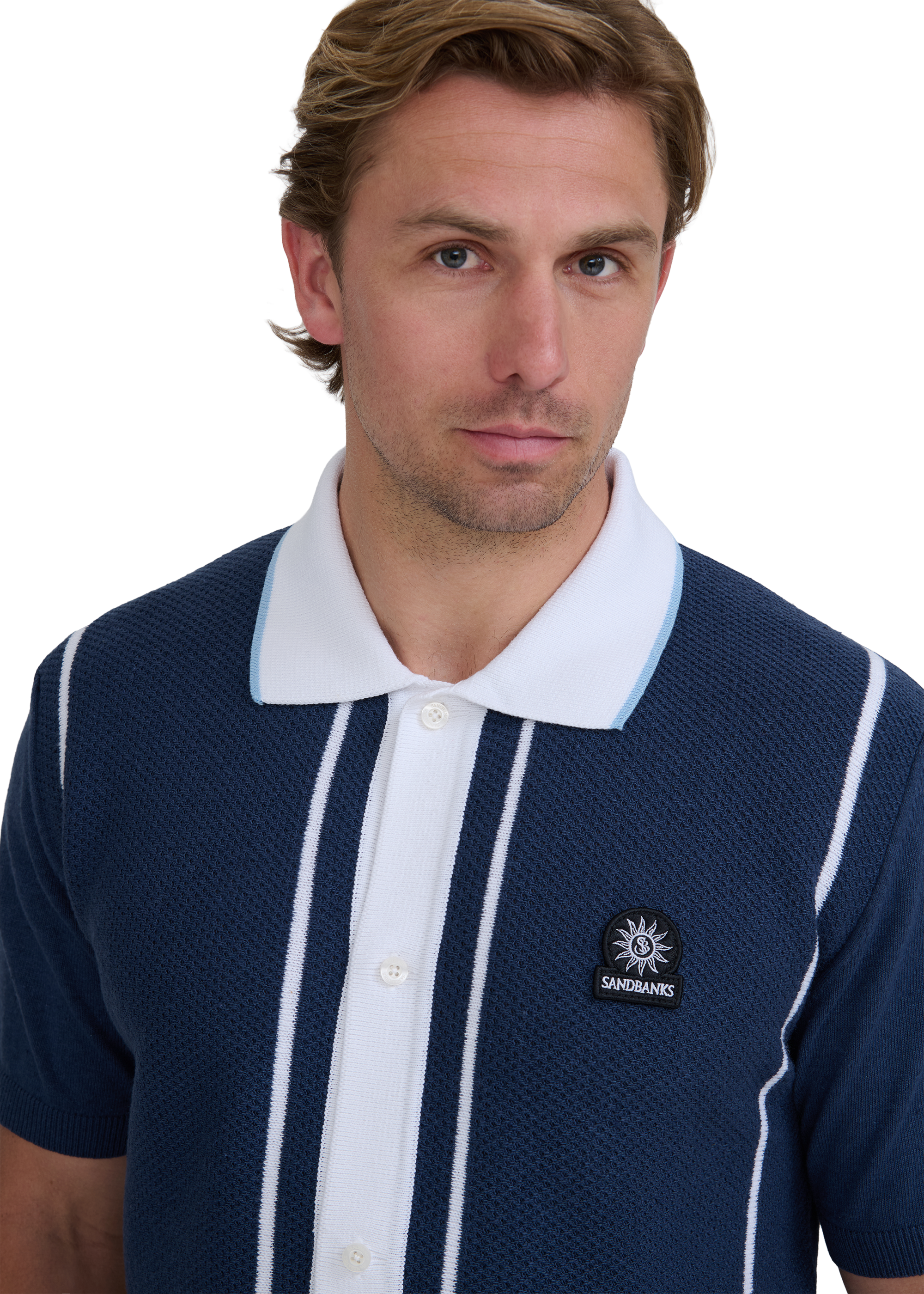 Button-Up Knitted Polo Shirt - Navy/White