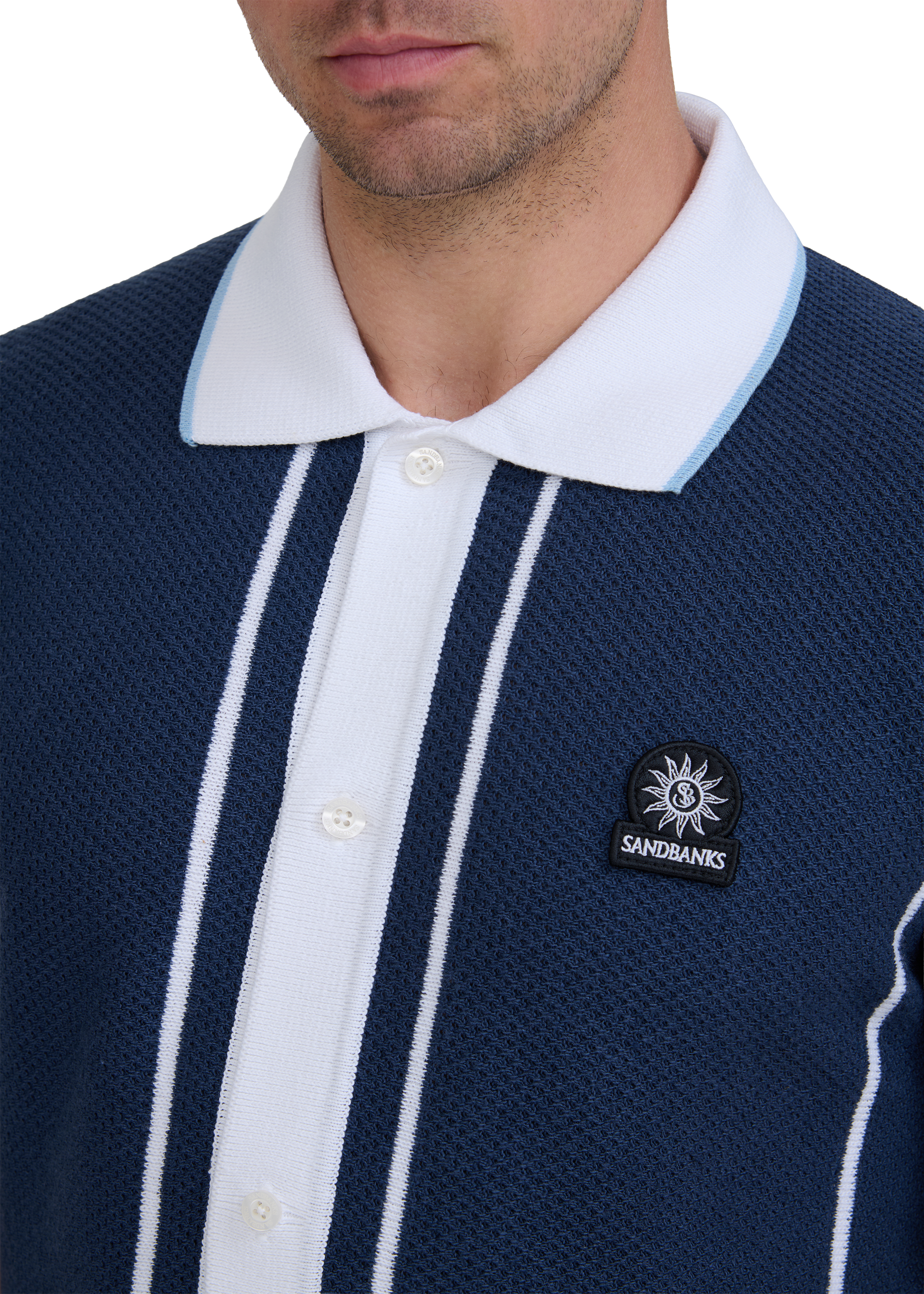 Button-Up Knitted Polo Shirt - Navy/White