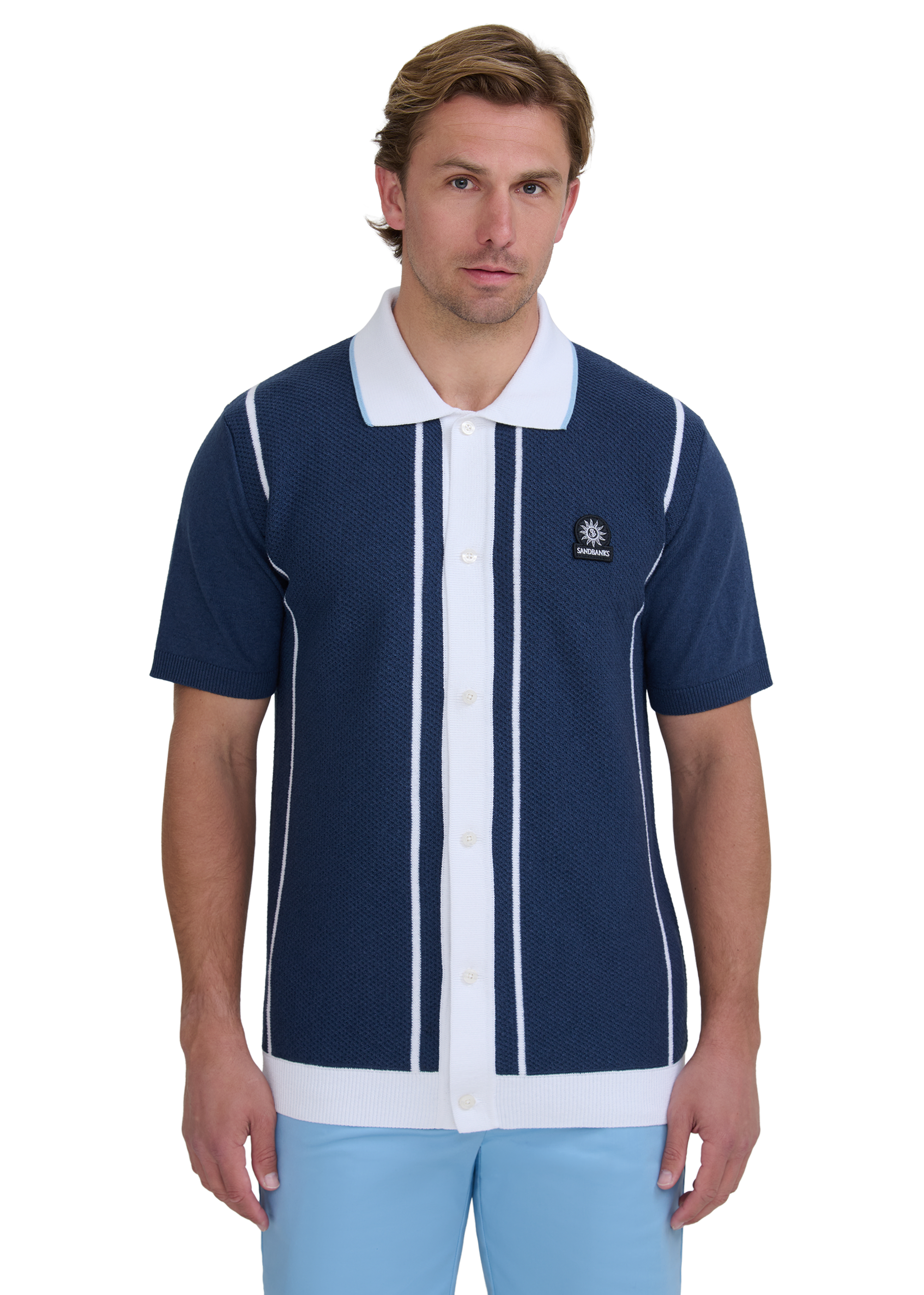 Button-Up Knitted Polo Shirt - Navy/White