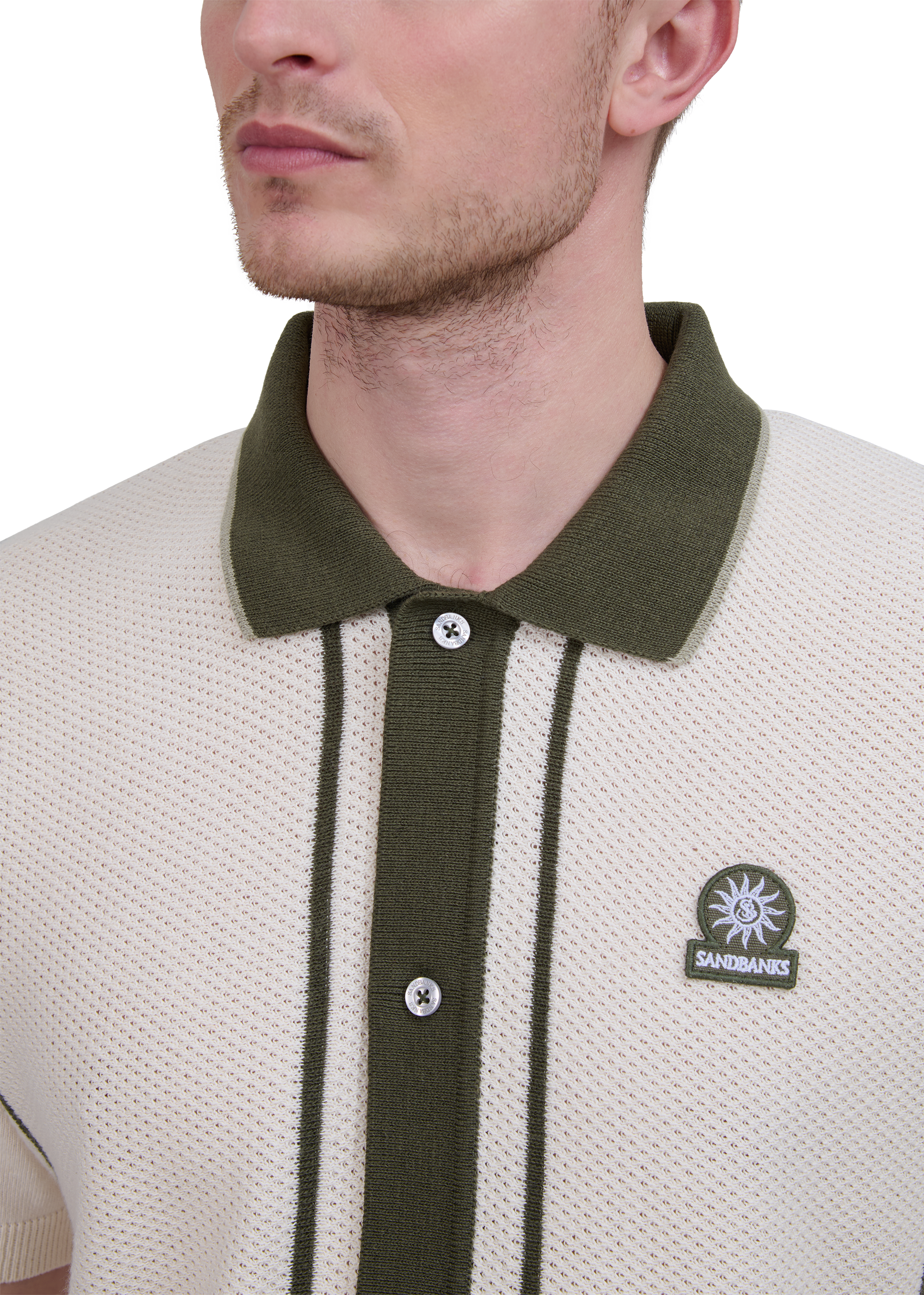 Button-Up Knitted Polo Shirt - Ecru/Olive
