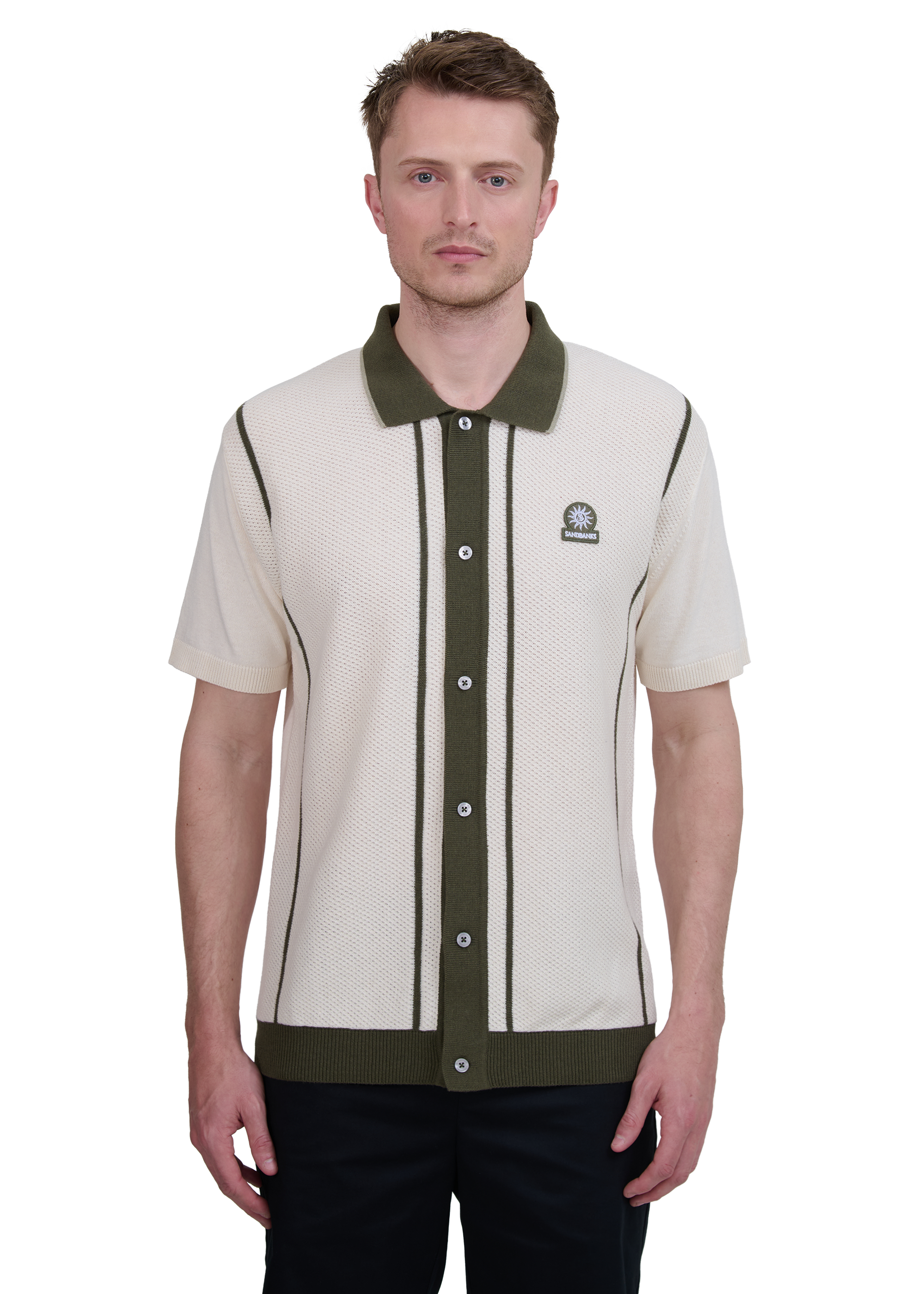 Button-Up Knitted Polo Shirt - Ecru/Olive