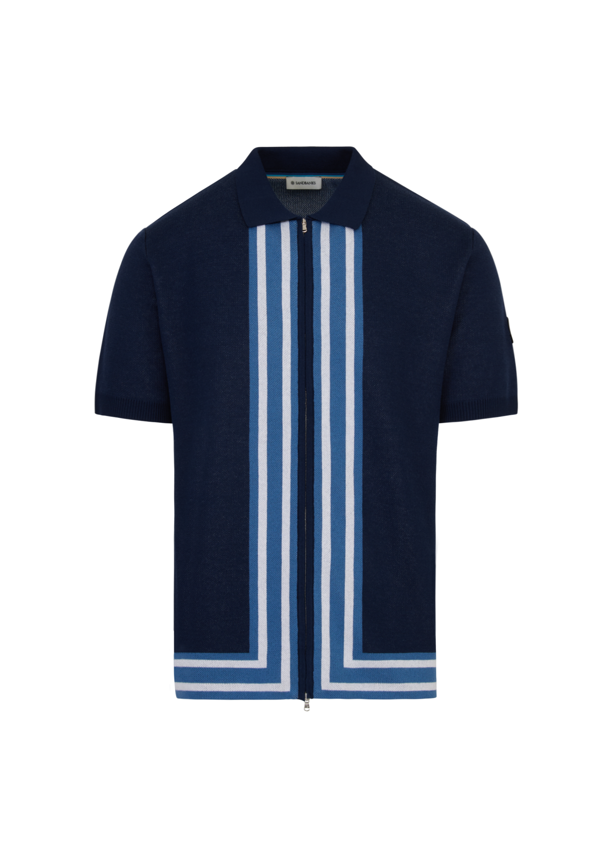 Stripe Zip Knitted Polo Shirt - Navy