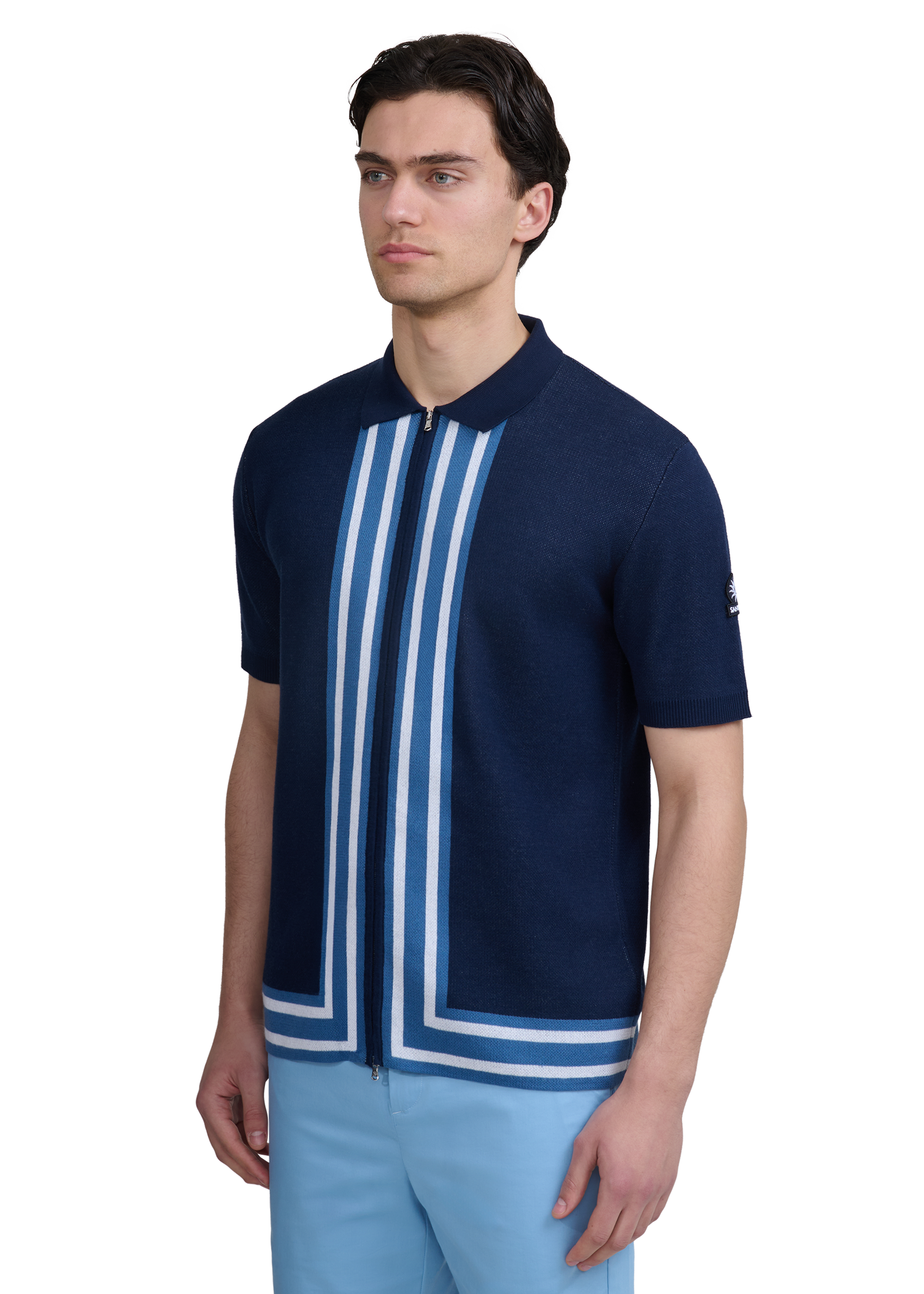 Stripe Zip Knitted Polo Shirt - Navy