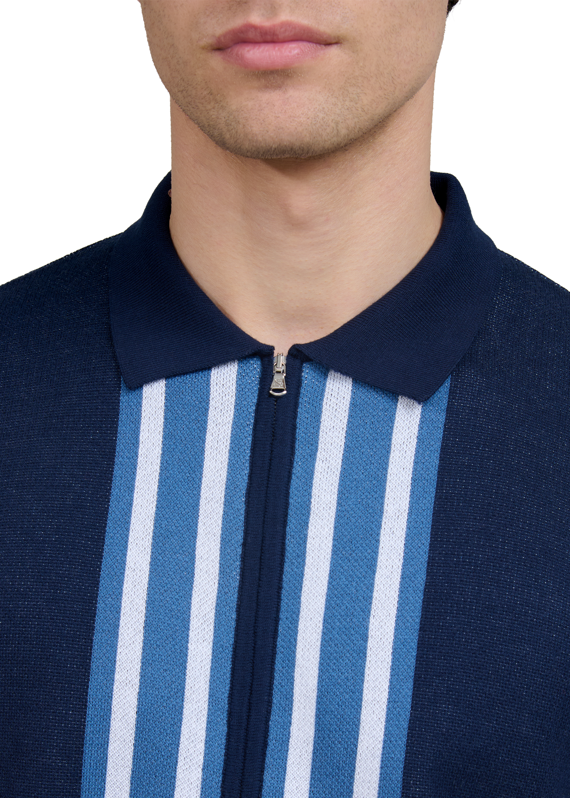 Stripe Zip Knitted Polo Shirt - Navy