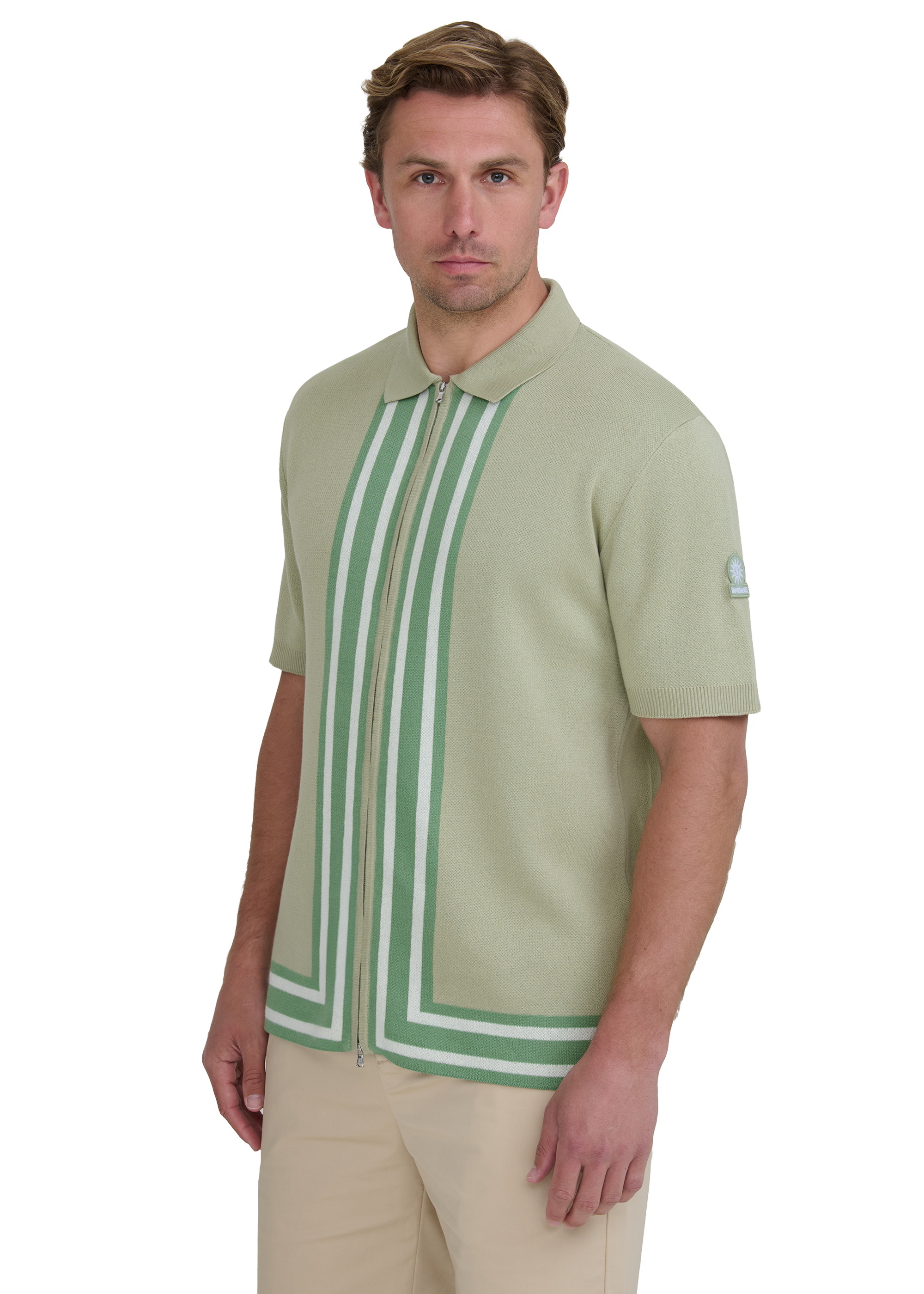 Stripe Zip Knitted Polo Shirt - Sage