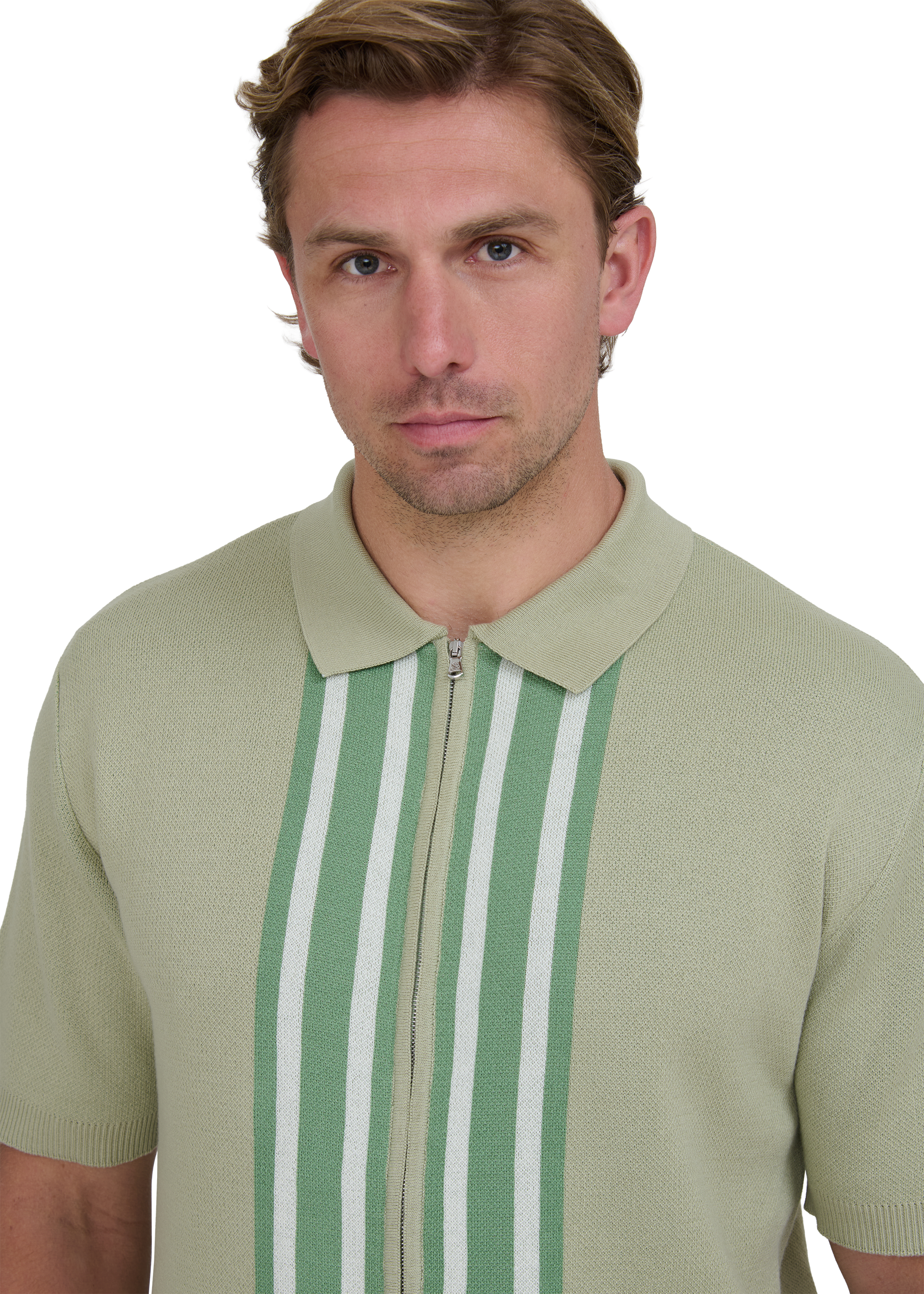 Stripe Zip Knitted Polo Shirt - Sage