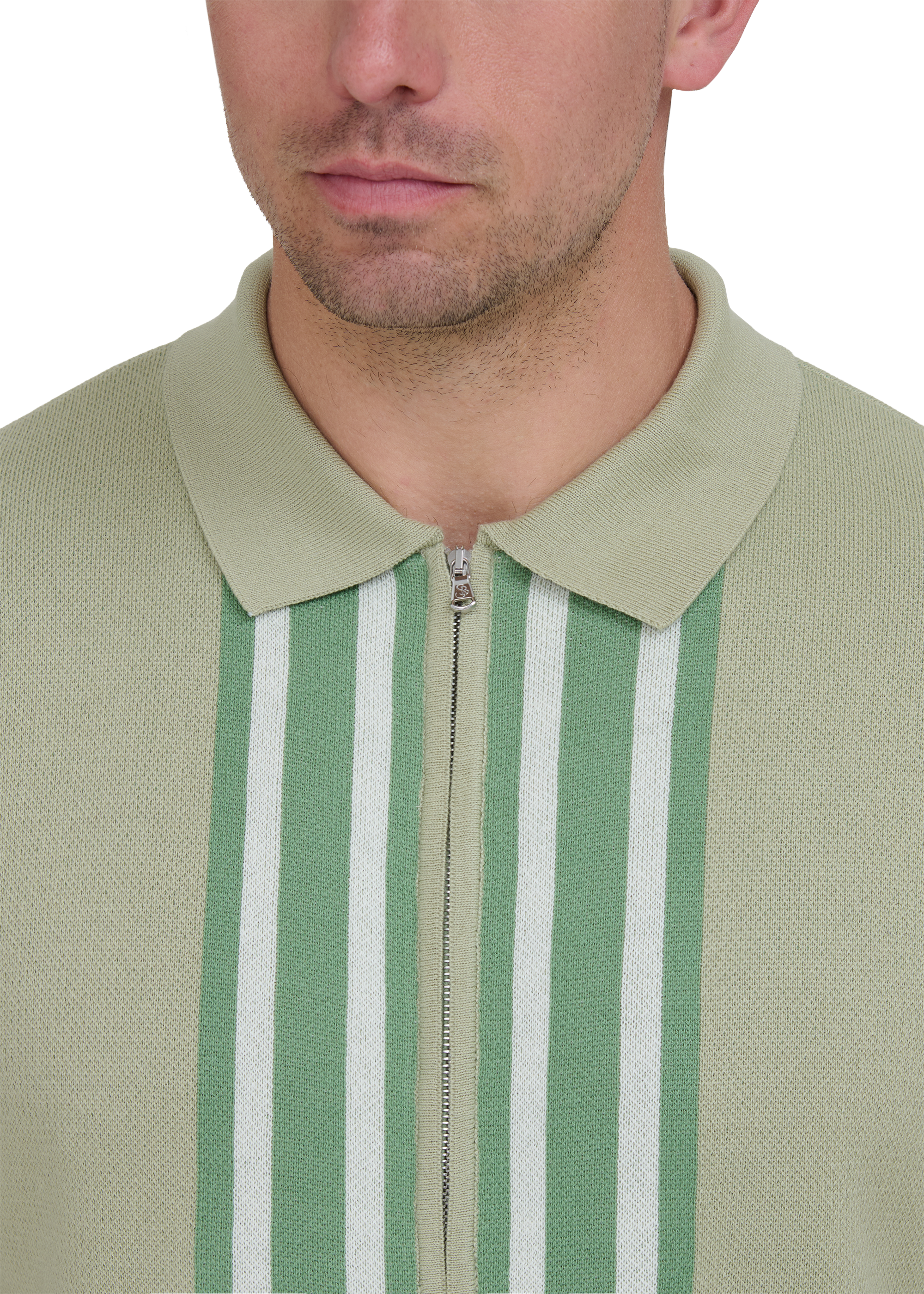 Stripe Zip Knitted Polo Shirt - Sage
