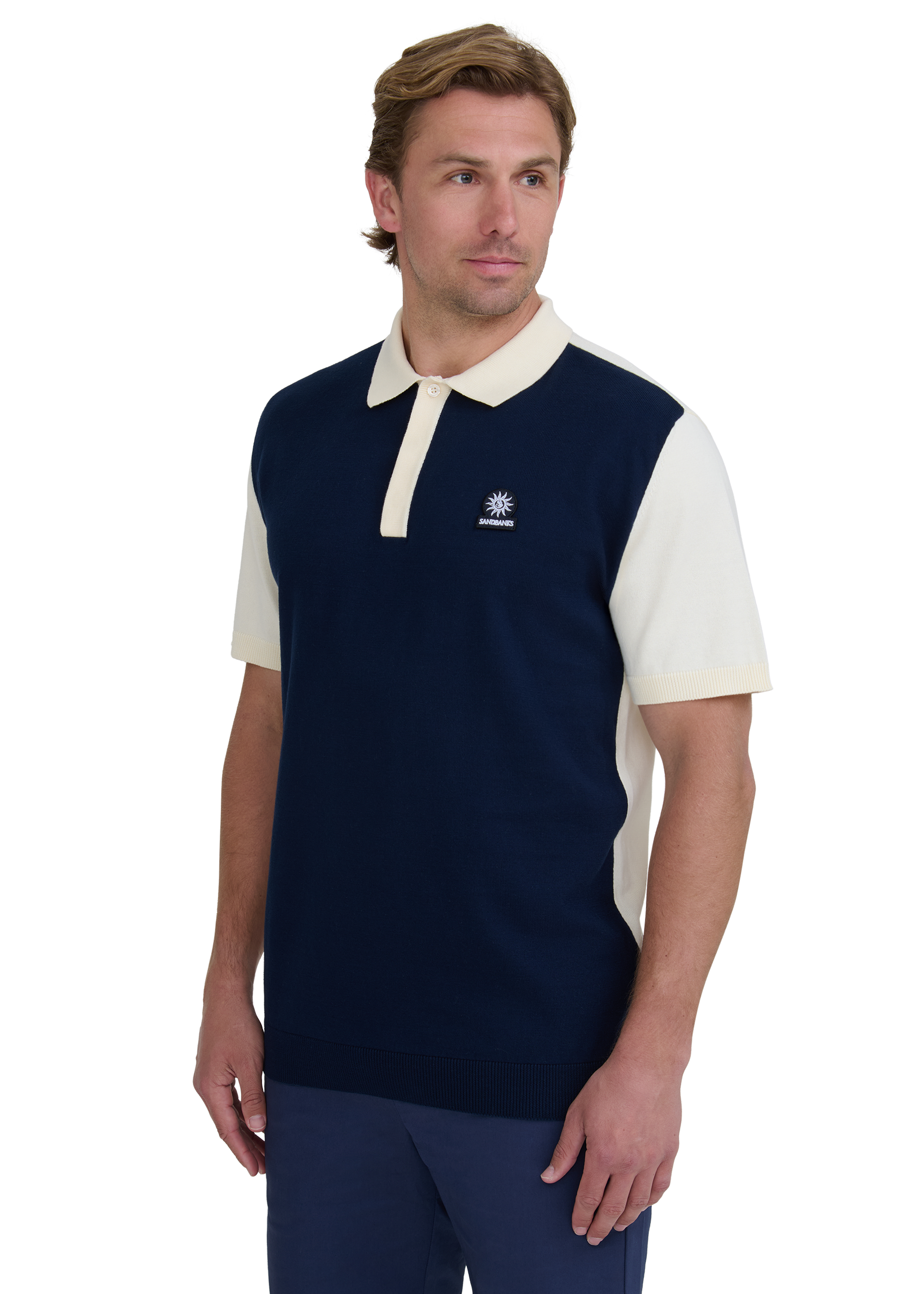 Colour Block Knitted Polo Shirt - Navy