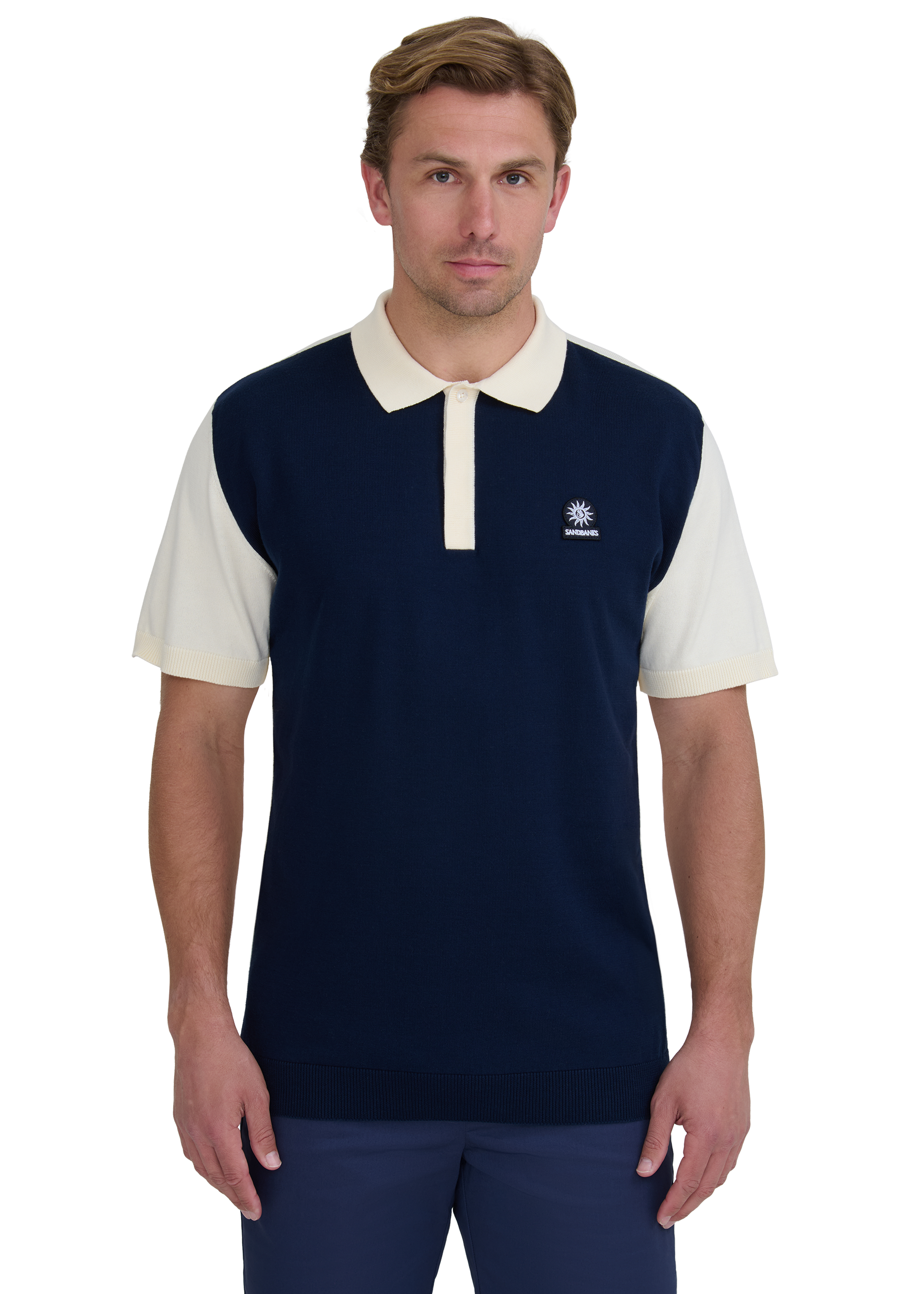 Colour Block Knitted Polo Shirt - Navy