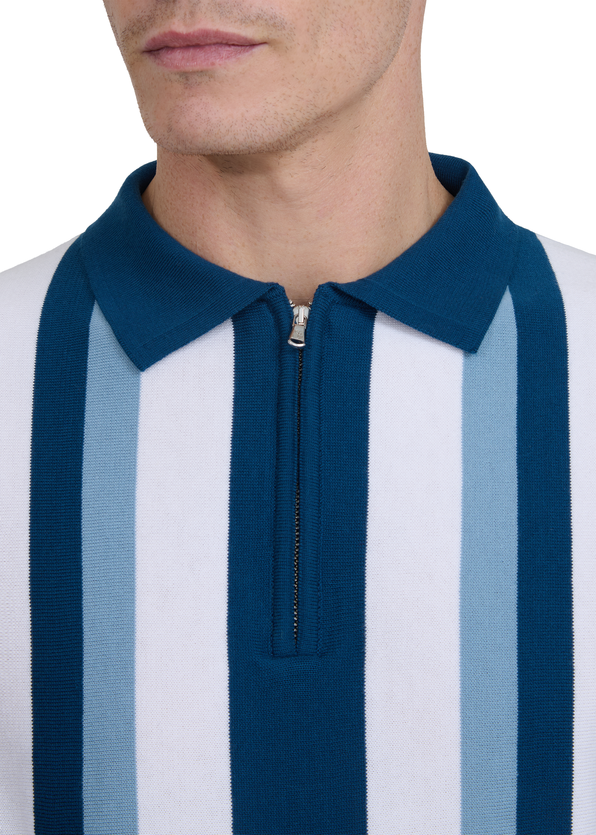 Vertical Stripe Zip Polo Shirt - Navy
