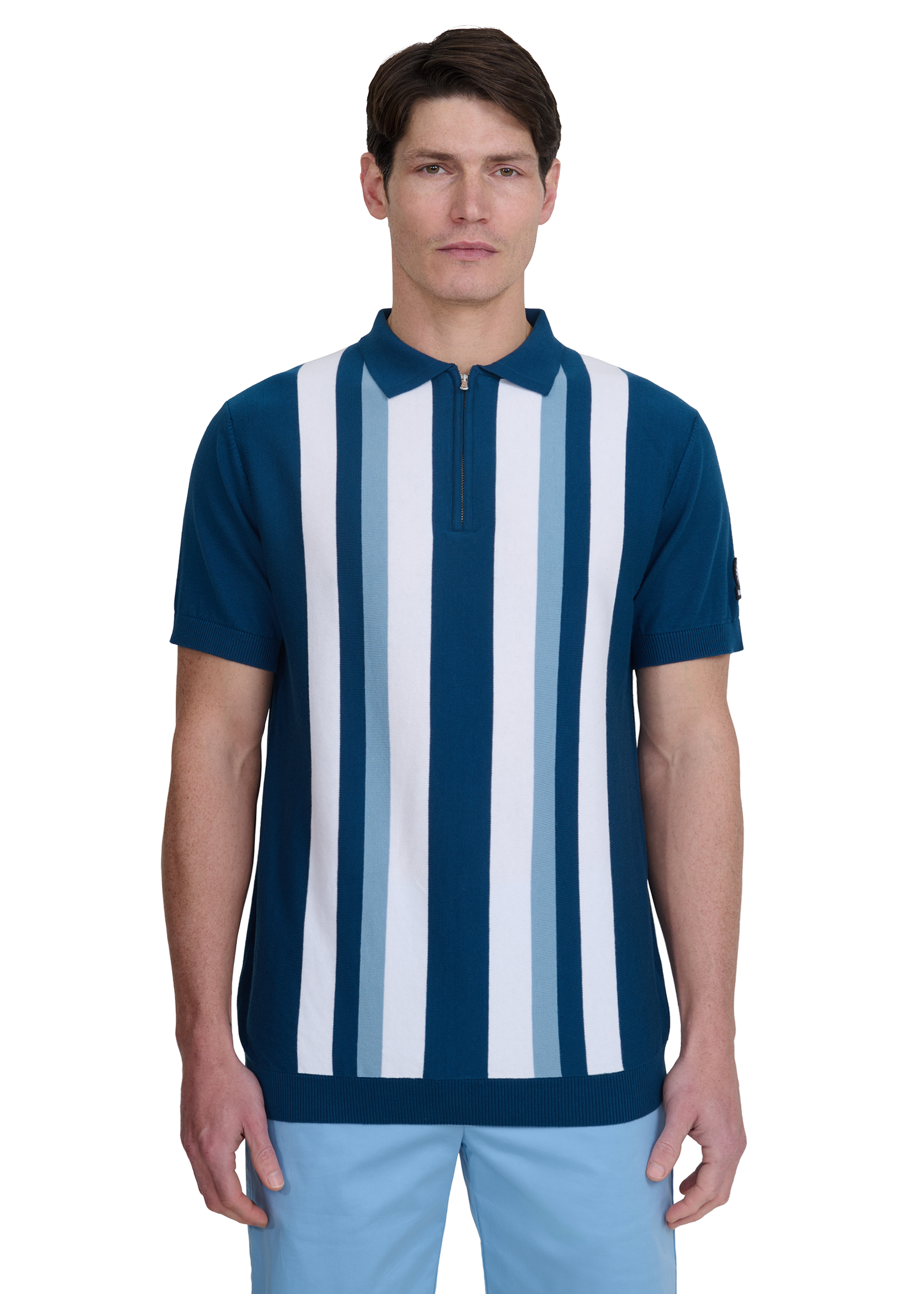 Vertical Stripe Zip Polo Shirt - Navy