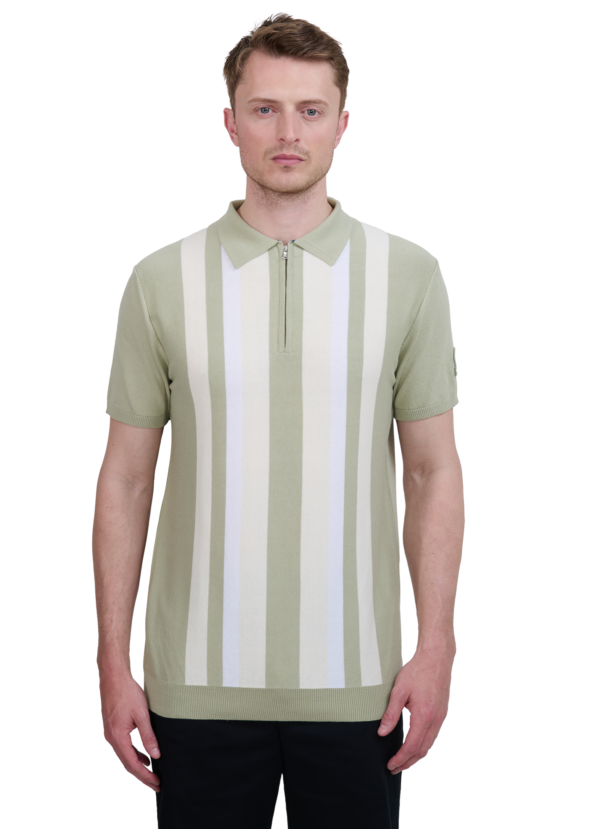 Vertical Stripe Zip Polo Shirt - Sage