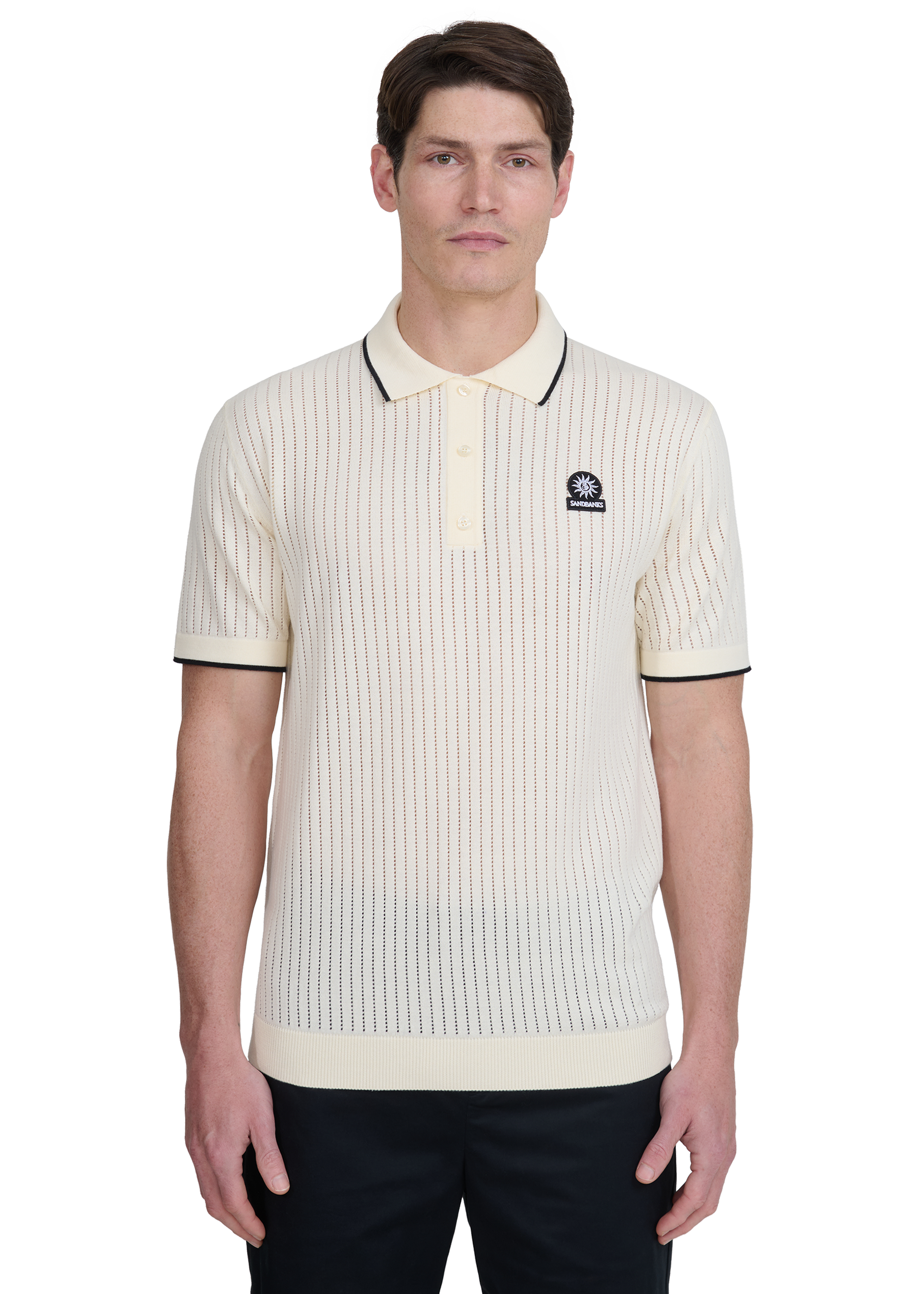 Pointelle Fine Knit Polo Shirt - Off White