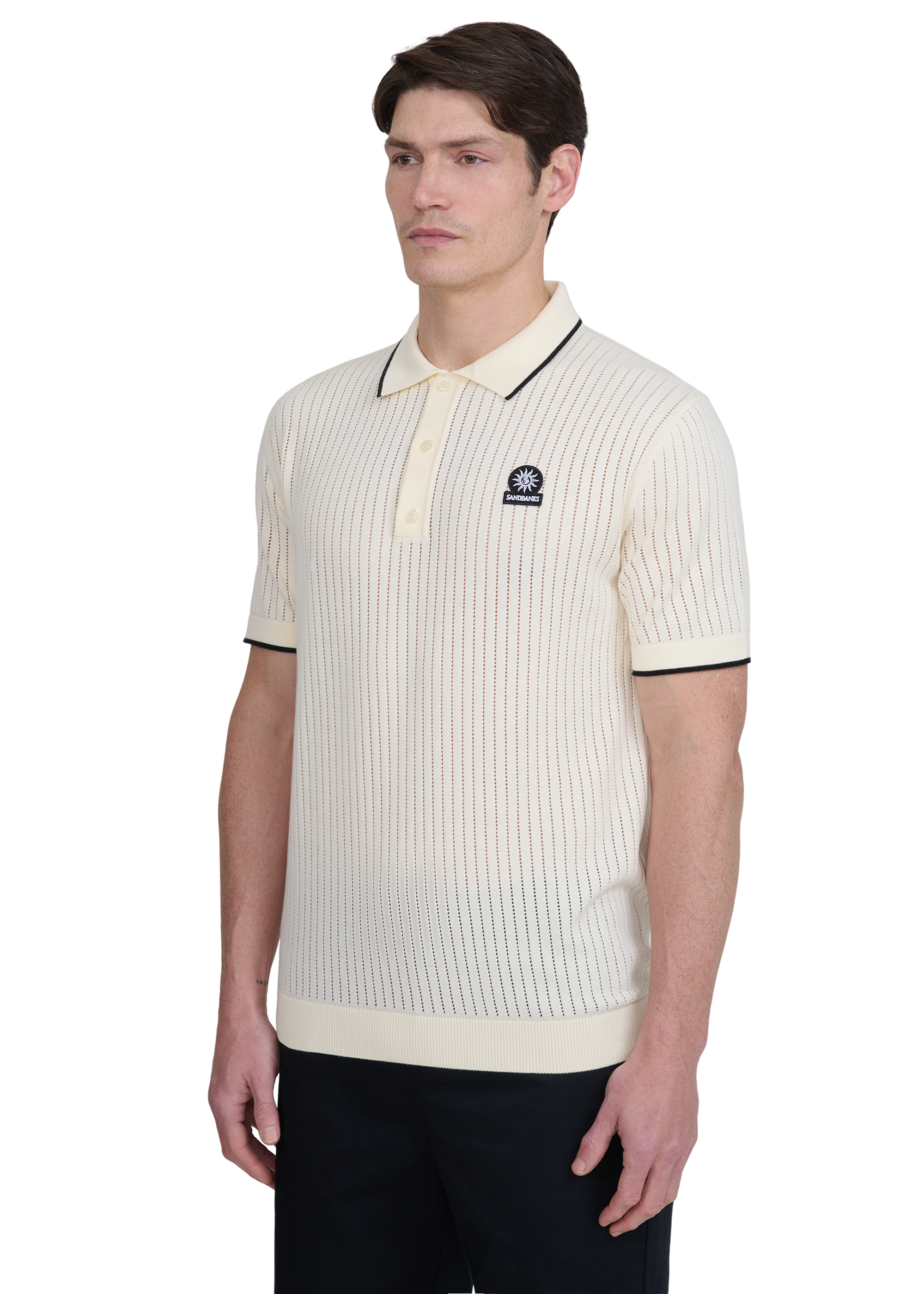 Pointelle Fine Knit Polo Shirt - Off White