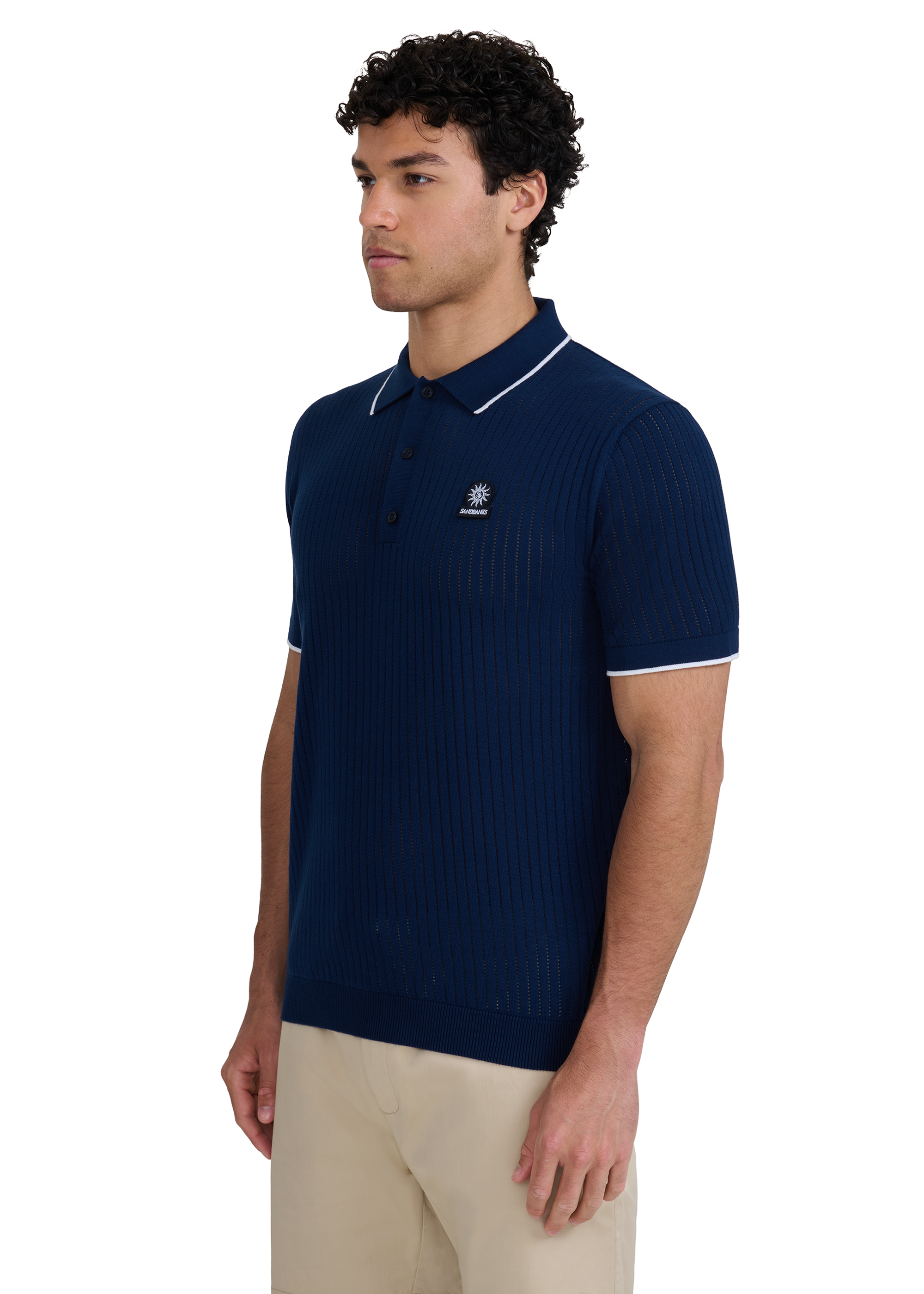 Pointelle Fine Knit Polo Shirt - Navy