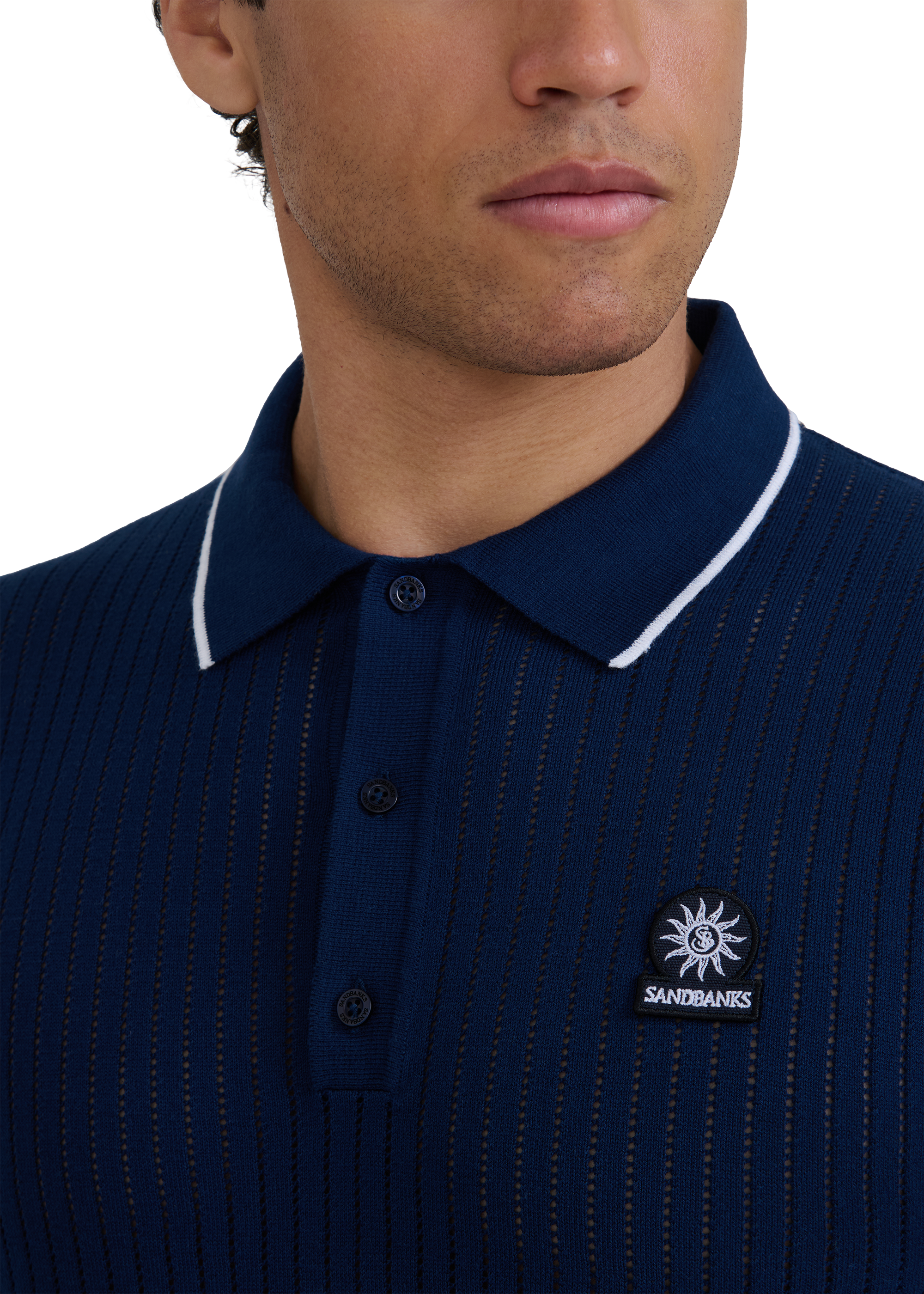 Pointelle Fine Knit Polo Shirt - Navy