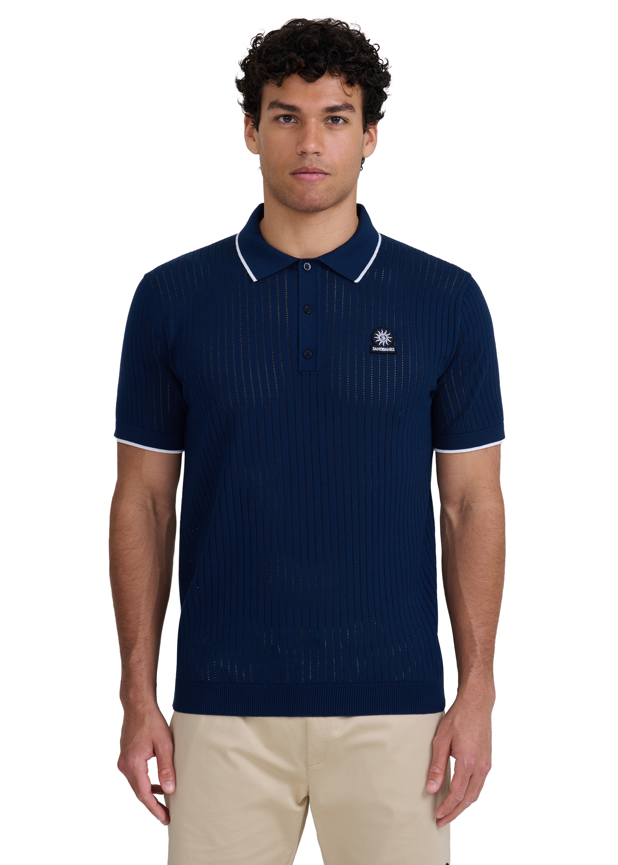 Pointelle Fine Knit Polo Shirt - Navy