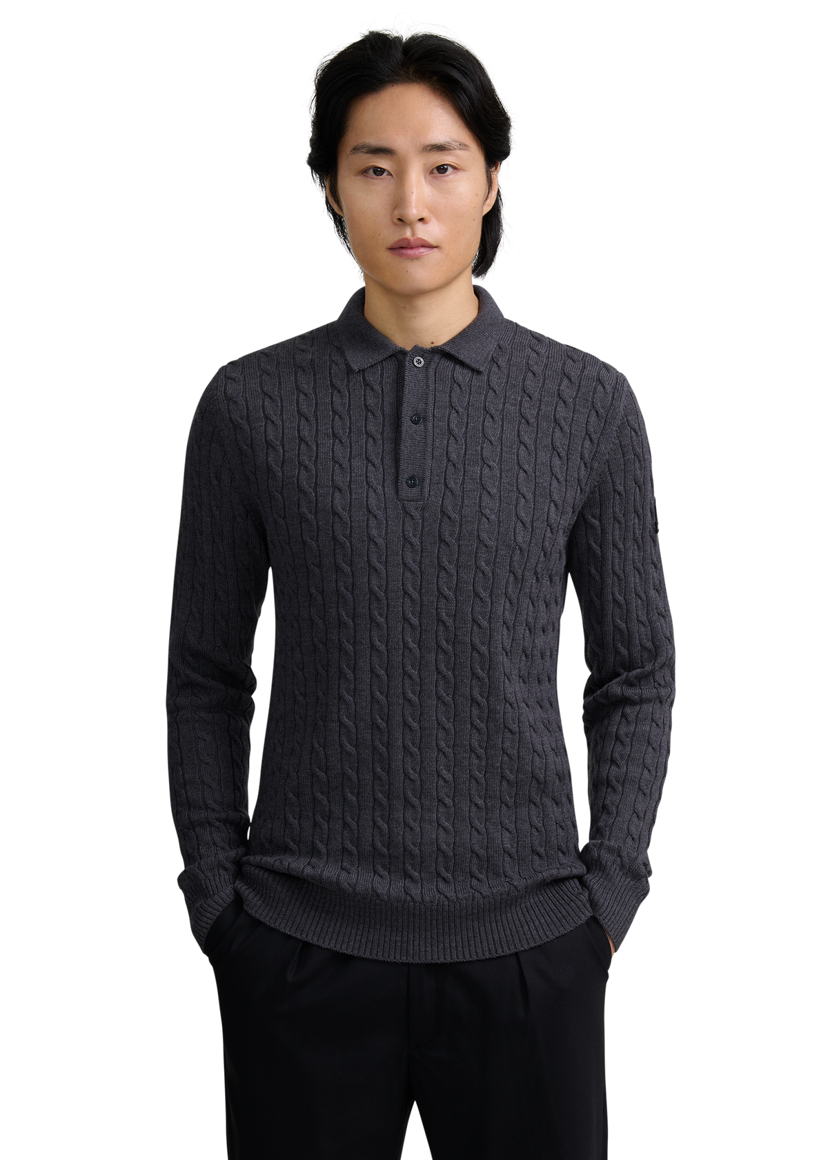 Merino Wool Cable Knit Polo Shirt - Anthracite