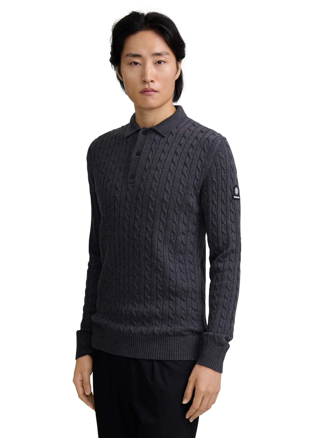 Merino Wool Cable Knit Polo Shirt - Anthracite
