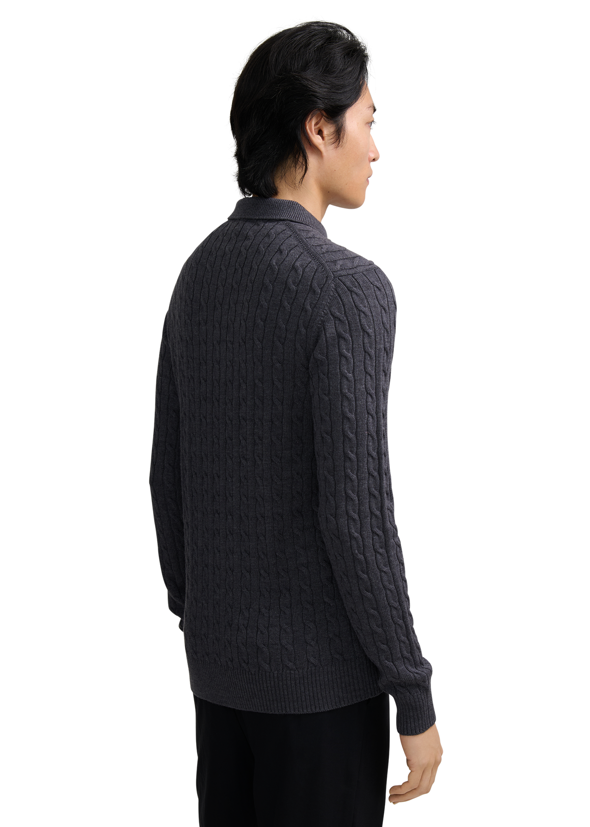Merino Wool Cable Knit Polo Shirt - Anthracite